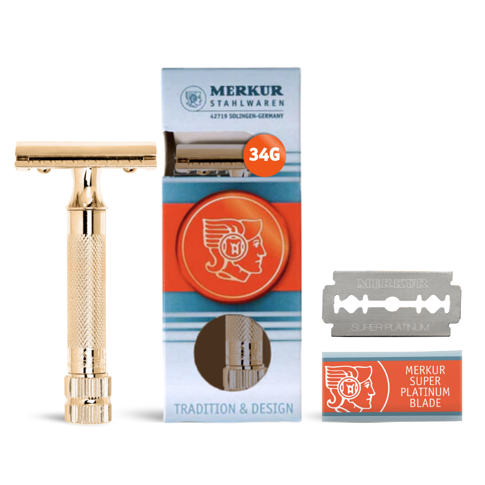 Merkur 34G 2-Piece DE Safety Razor, Closed Comb, Knurled Extra Thick Handle (HD), Gold