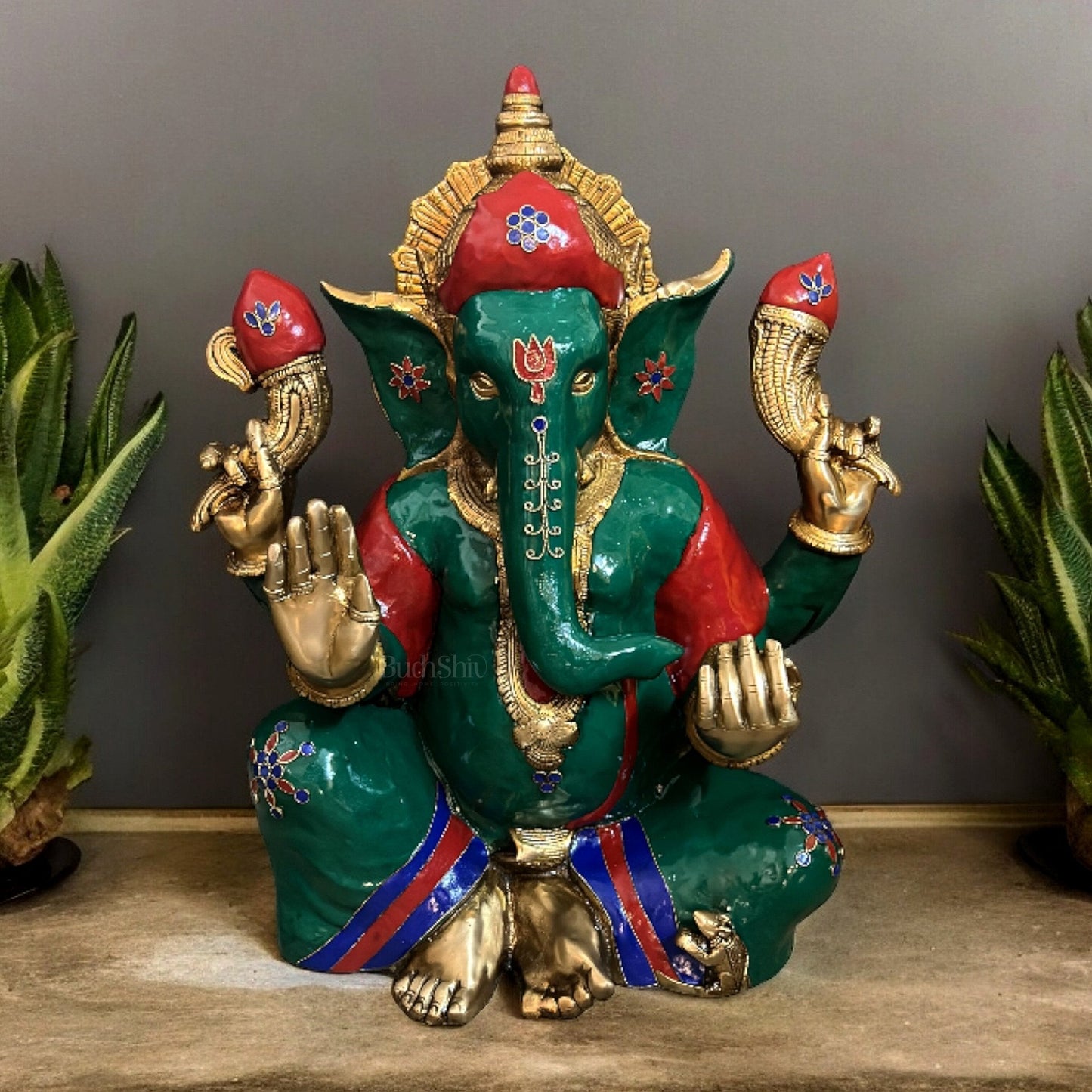 Nepalese Meenakari Stonework on Brass Ganesha Statue - 20 Inch - Sama Homes Idol - Brass Sculpture