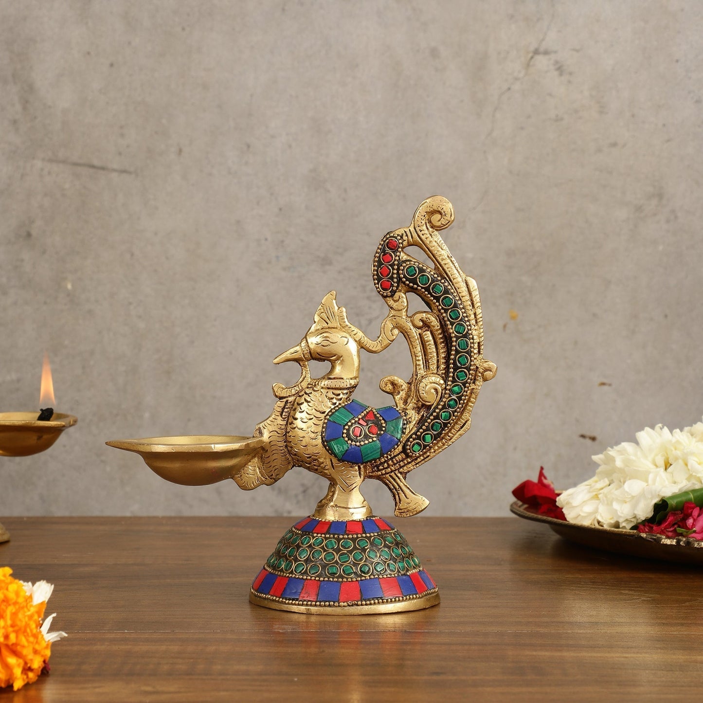 Peacock Brass Oil Lamp | 8 inches Meenakari 8"