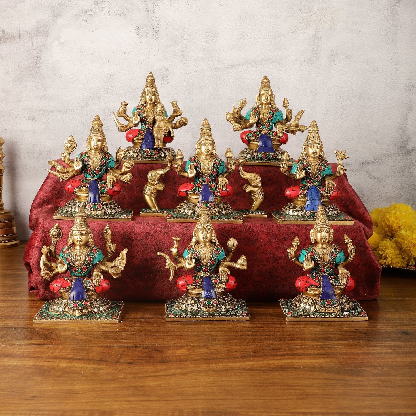 Pure Brass Ashtalakshmi Idols with Stonework - Set of 8 pcs - 5.5 inch - Sama Homes Idol - Brass Sculpture