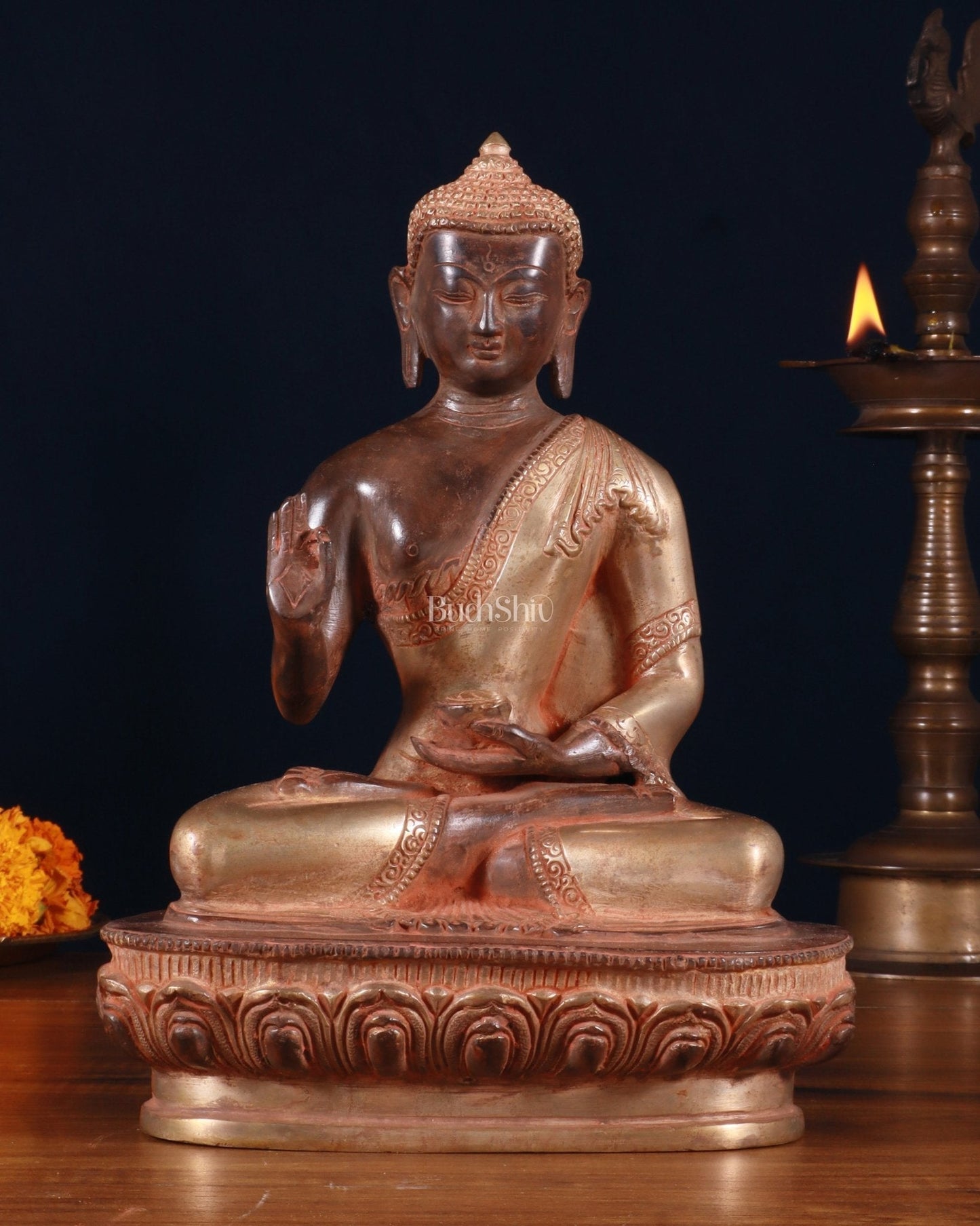 Pure Brass Blessing Buddha Statue - Green Antique Finish, 10.5" sandfinish - Sama Homes Idol - Brass Sculpture