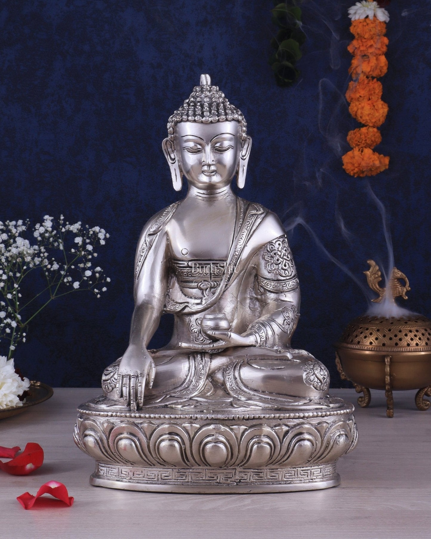 Pure Brass Blessing Buddha Statue - Silver plated , 12.5" Height - Sama Homes Idol - Brass Sculpture
