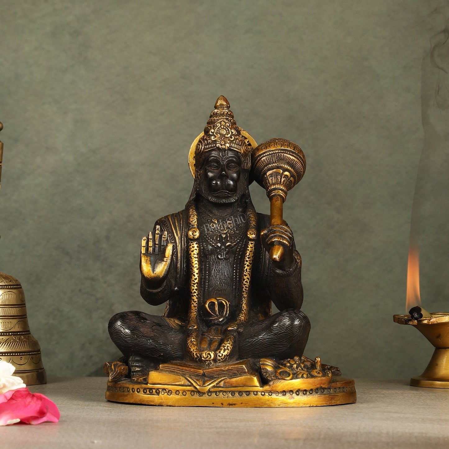 Pure Brass Blessing Lord Hanuman Idol with Crossed Legs 7 inch - Sama Homes Idol - Brass Sculpture