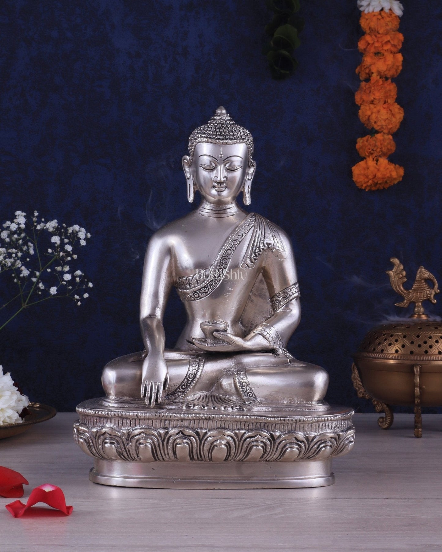 Pure Brass Buddha Blessing Mudra Statue - Silver plated, 10" Height - Sama Homes Idol - Brass Sculpture