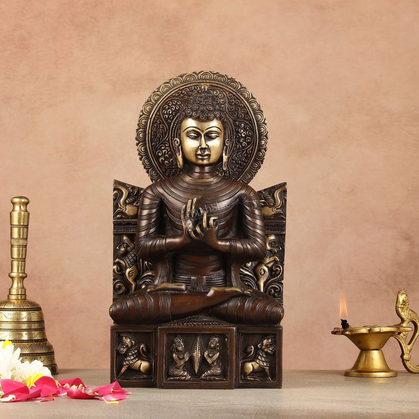 Pure Brass Buddha Statue Dharmachakra | 11" Height - Sama Homes Idol - Brass Sculpture