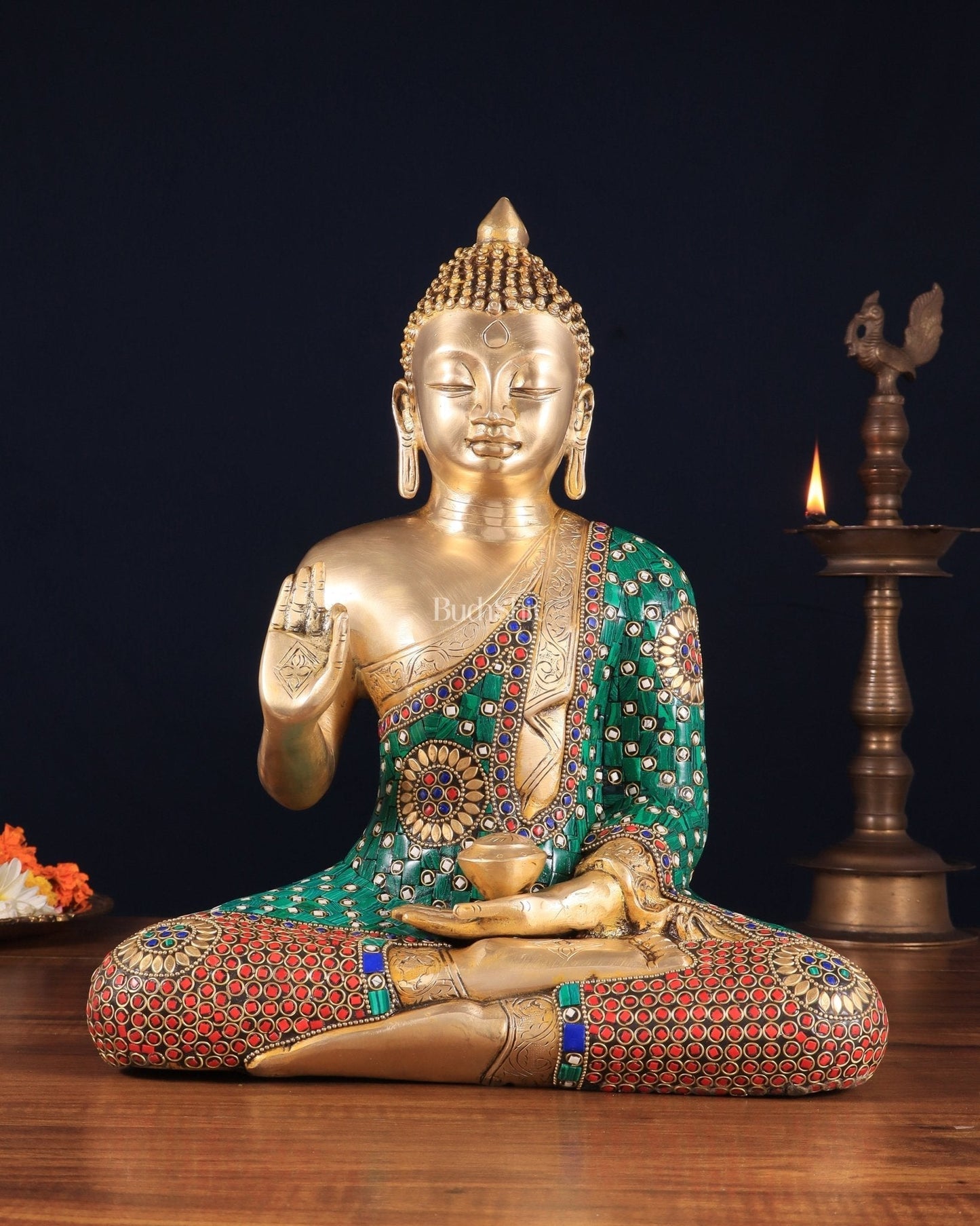Pure Brass Buddha Statue in Abhaya Mudra with stonework 14 inch - Sama Homes Idol - Brass Sculpture