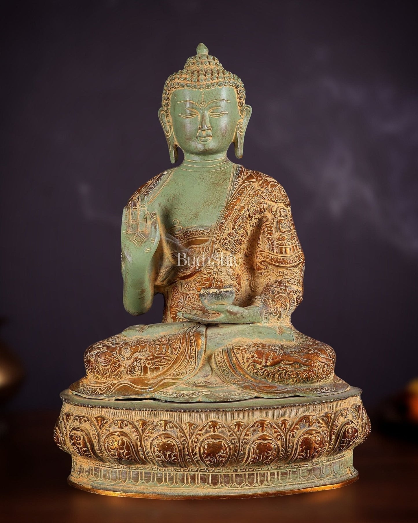 Pure Brass Buddha Statue with Engraved Life Story | 15" green Tone - Sama Homes Idol - Brass Sculpture