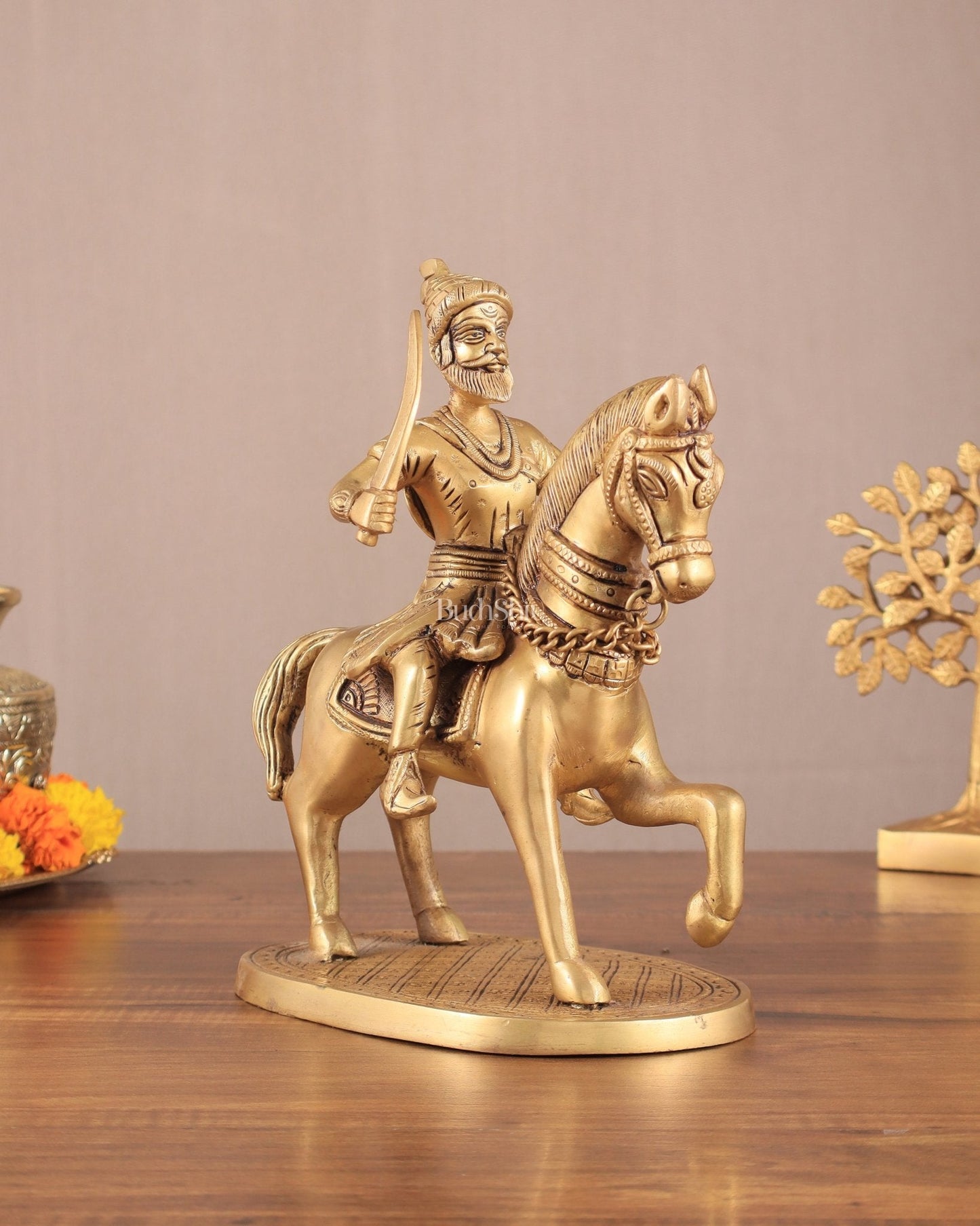 Pure Brass Chhatrapati Shivaji Maharaj Sitting on Horse Statue - 10.5" Height - Sama Homes Idol - Brass Sculpture
