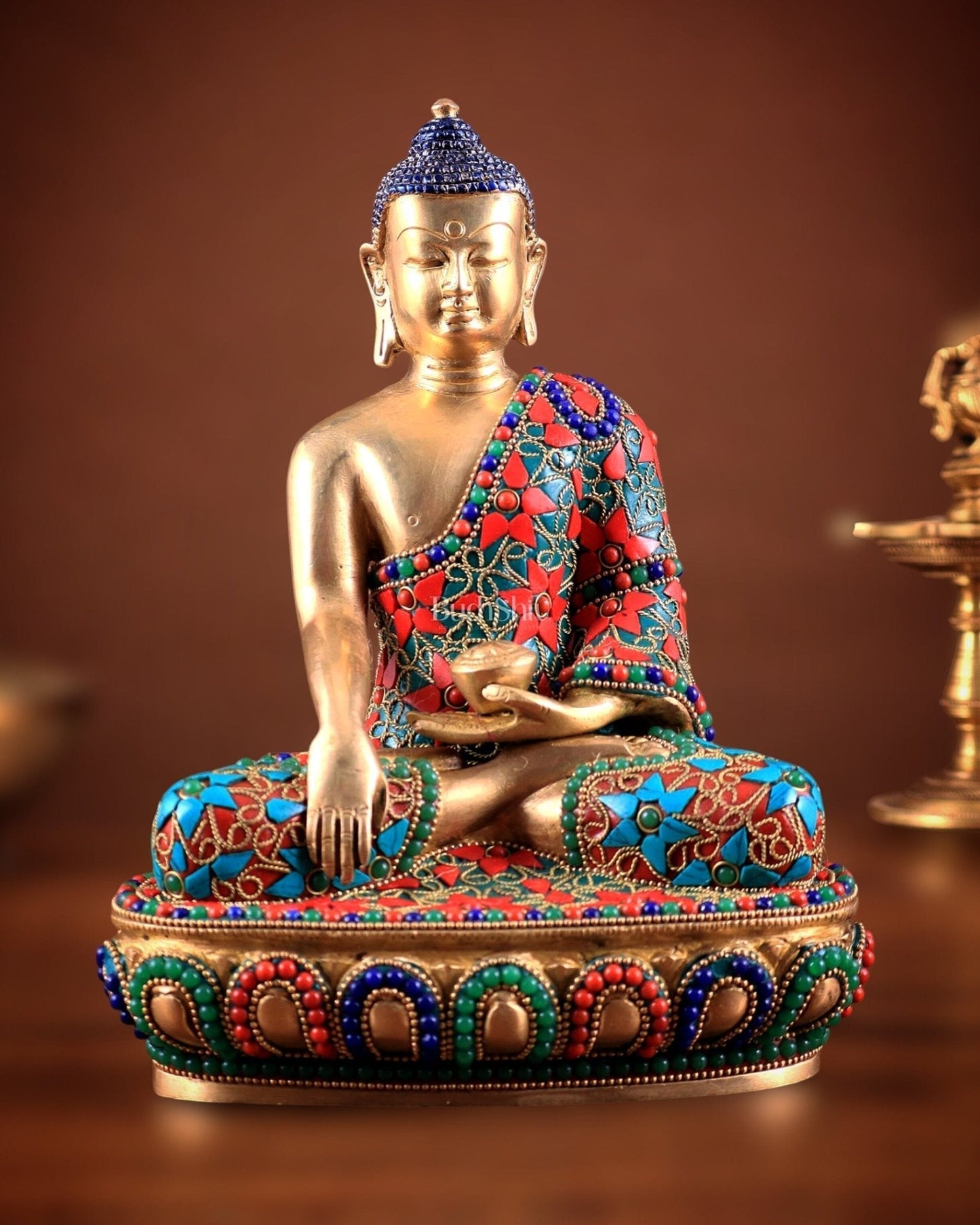 Pure Brass colourful Buddha Statue with Hand Down - 9.5" stonework - Sama Homes Idol - Brass Sculpture
