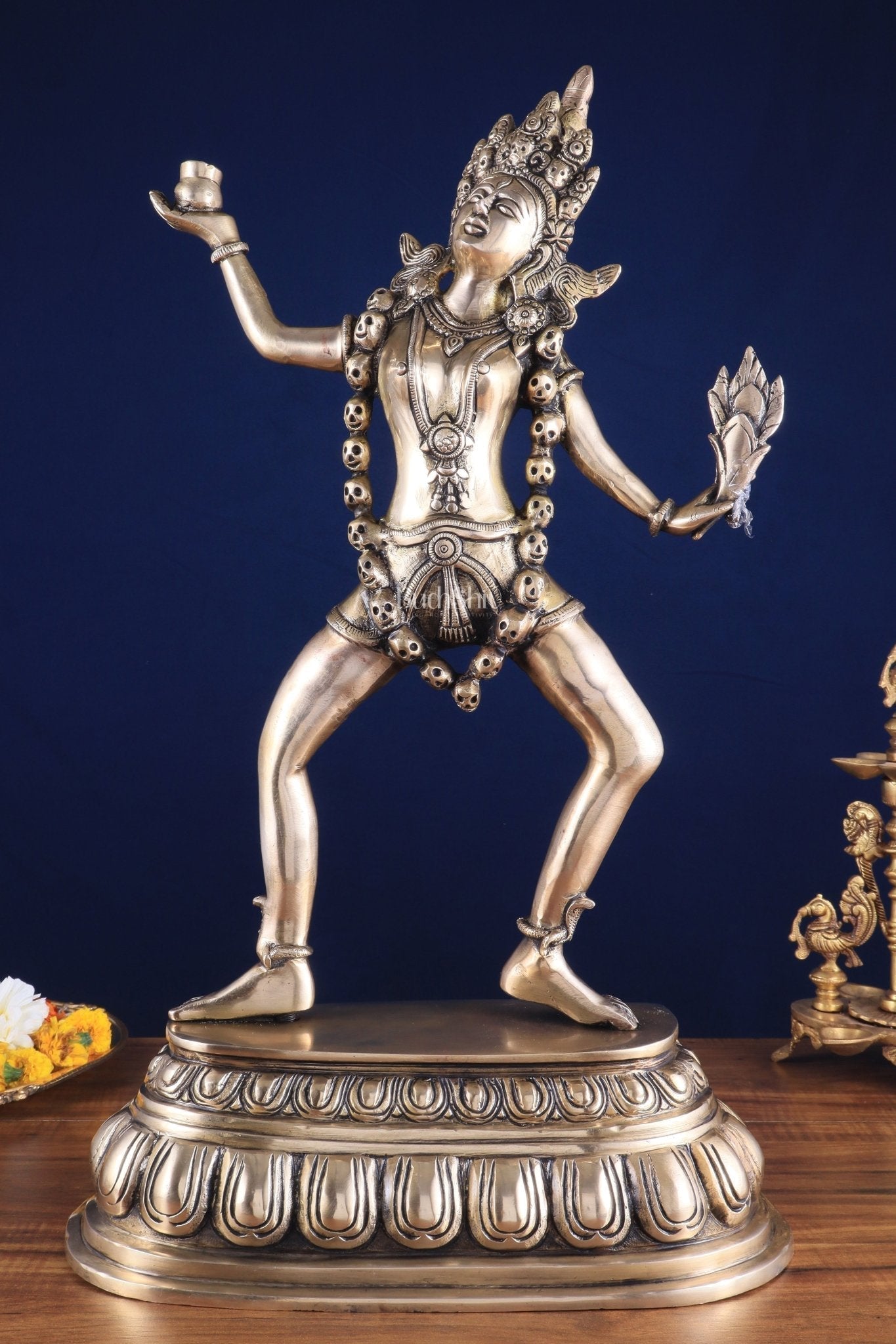 Pure Brass Dancing Kali Idol – Crowned & Adorned with Skull Garland 23" - Sama Homes Idol - Brass Sculpture