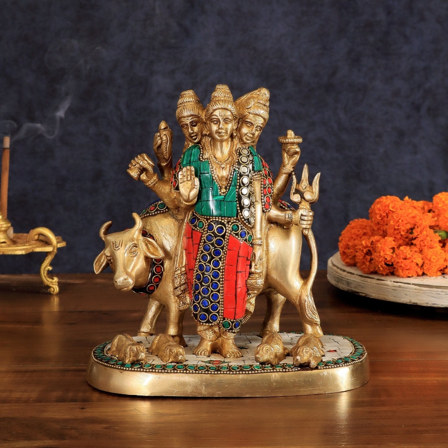 Pure Brass Dattatreya guru with a cow and four dogs idol - Sama Homes Idol - Brass Sculpture