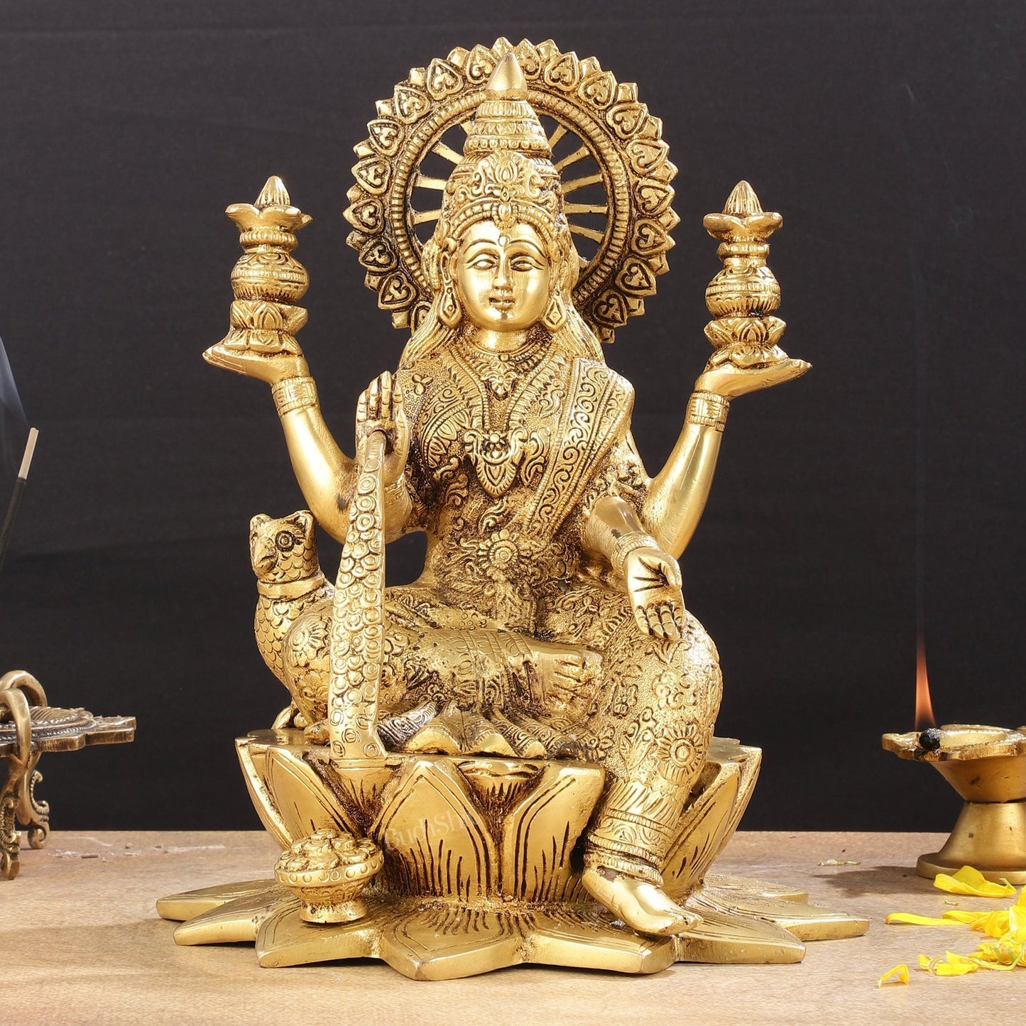 Pure Brass Dhan Lakshmi Idol -11 inch height - Sama Homes Idol - Brass Sculpture