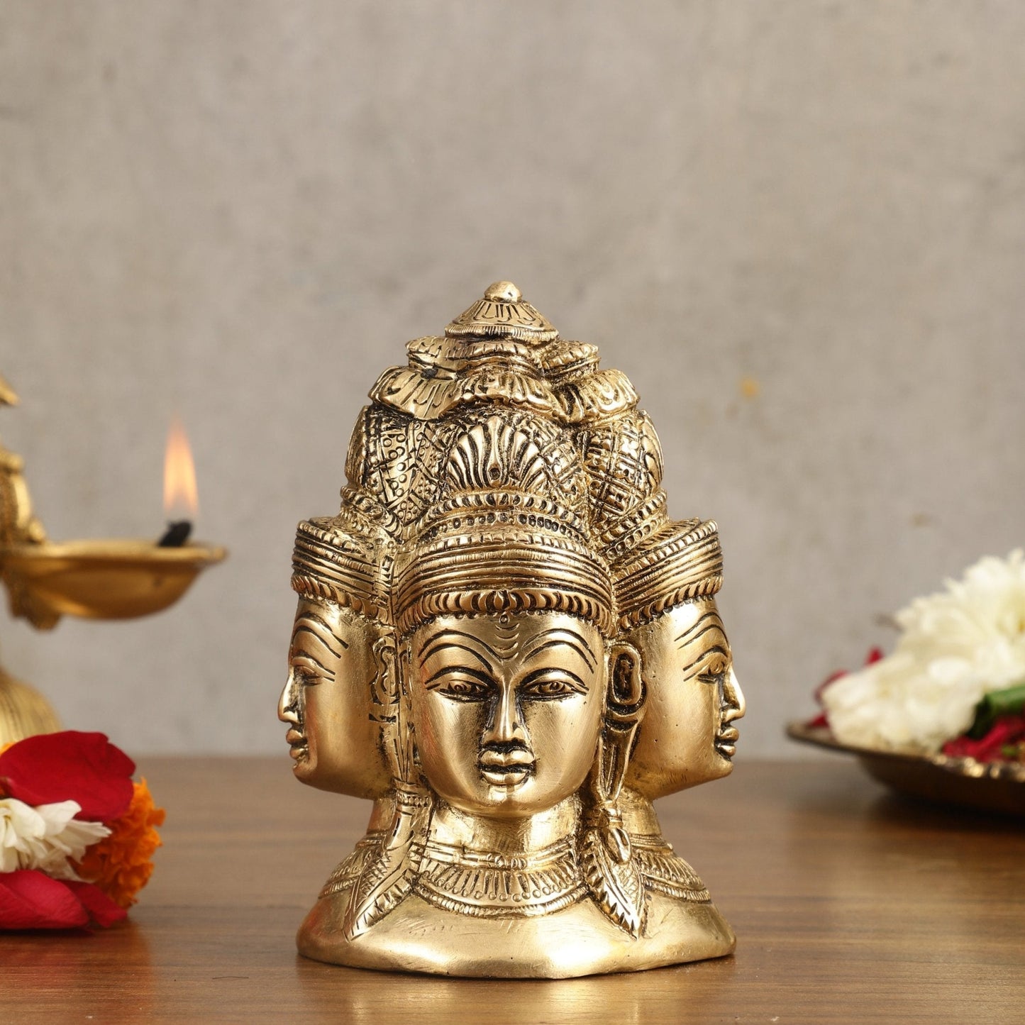 Pure Brass Four Faces Shiva Mukhalingam Charmukha - 5 in Height - Sama Homes Idol - Brass Sculpture