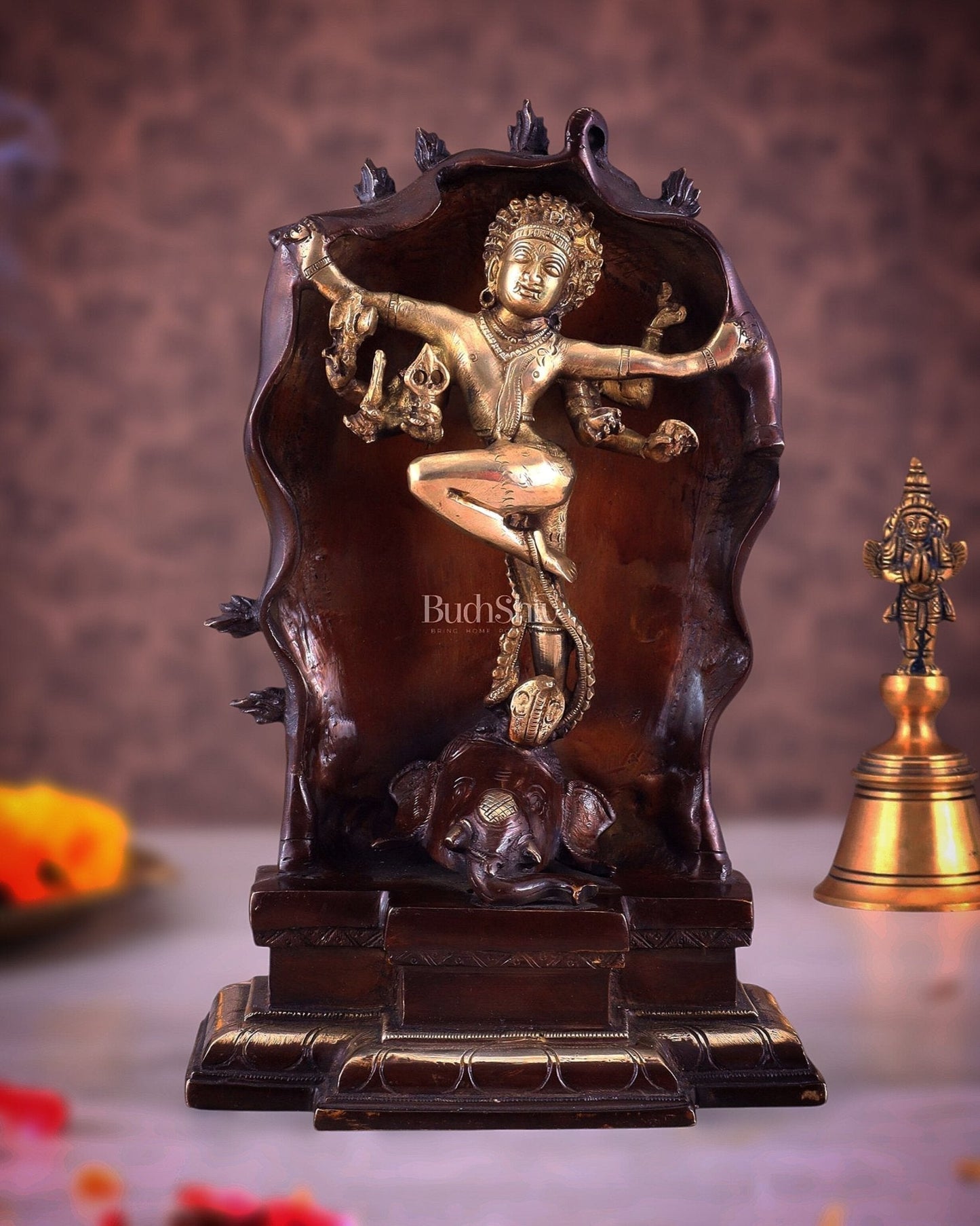 Pure Brass Gajasurasamhara Shiva Idol dancing shiva Chola gold tone - Sama Homes Idol - Brass Sculpture