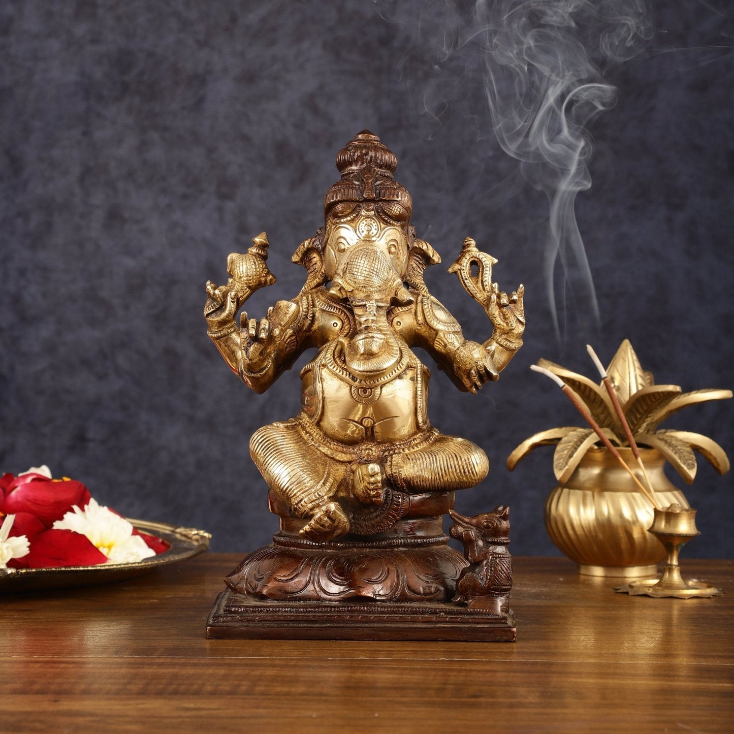 Pure Brass Ganapati Chola Style Statue - 8" Height - Sama Homes Idol - Brass Sculpture