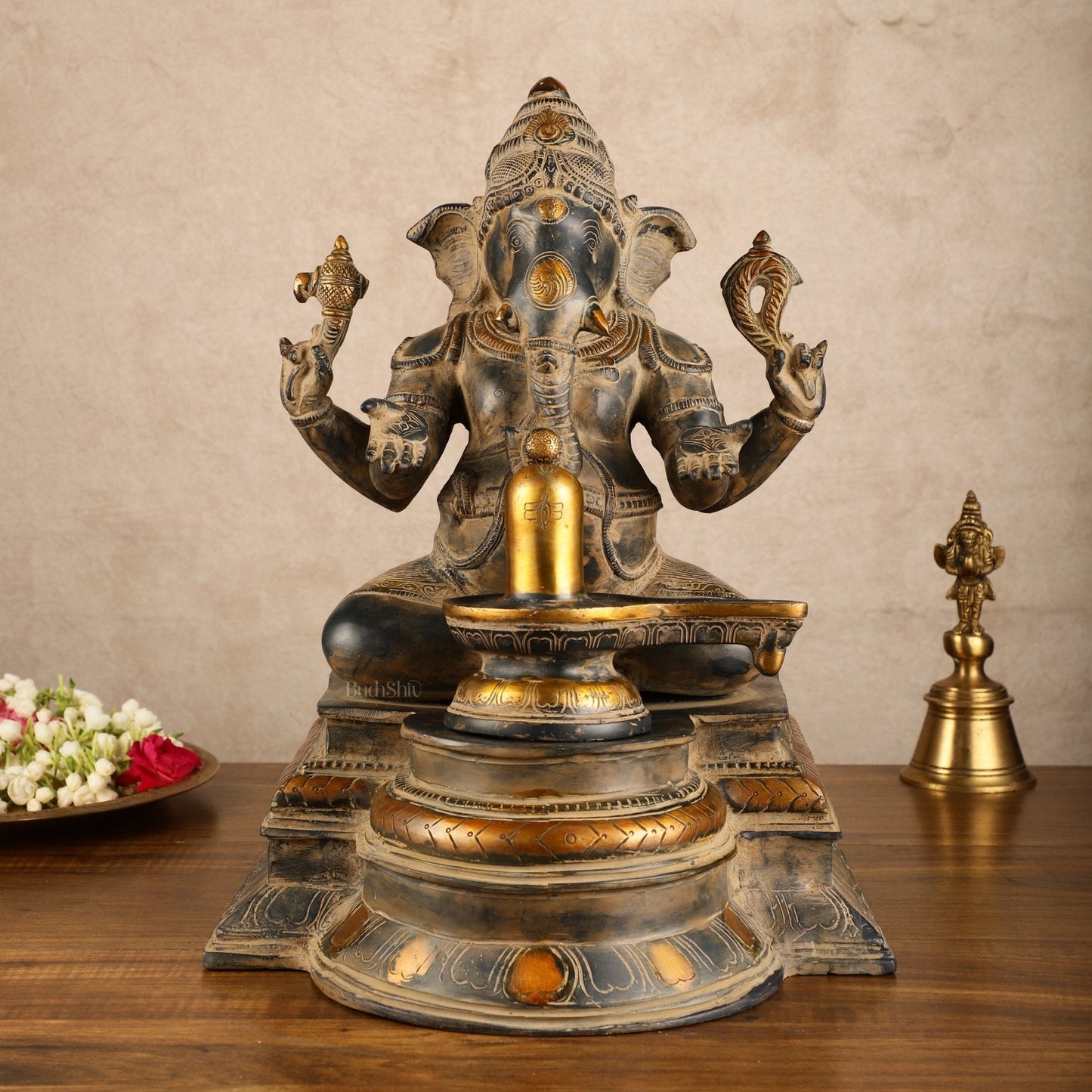 Pure Brass Ganapati with Shiv Ling Statue | Vintage Patina | 14 Inch - Sama Homes Idol - Brass Sculpture