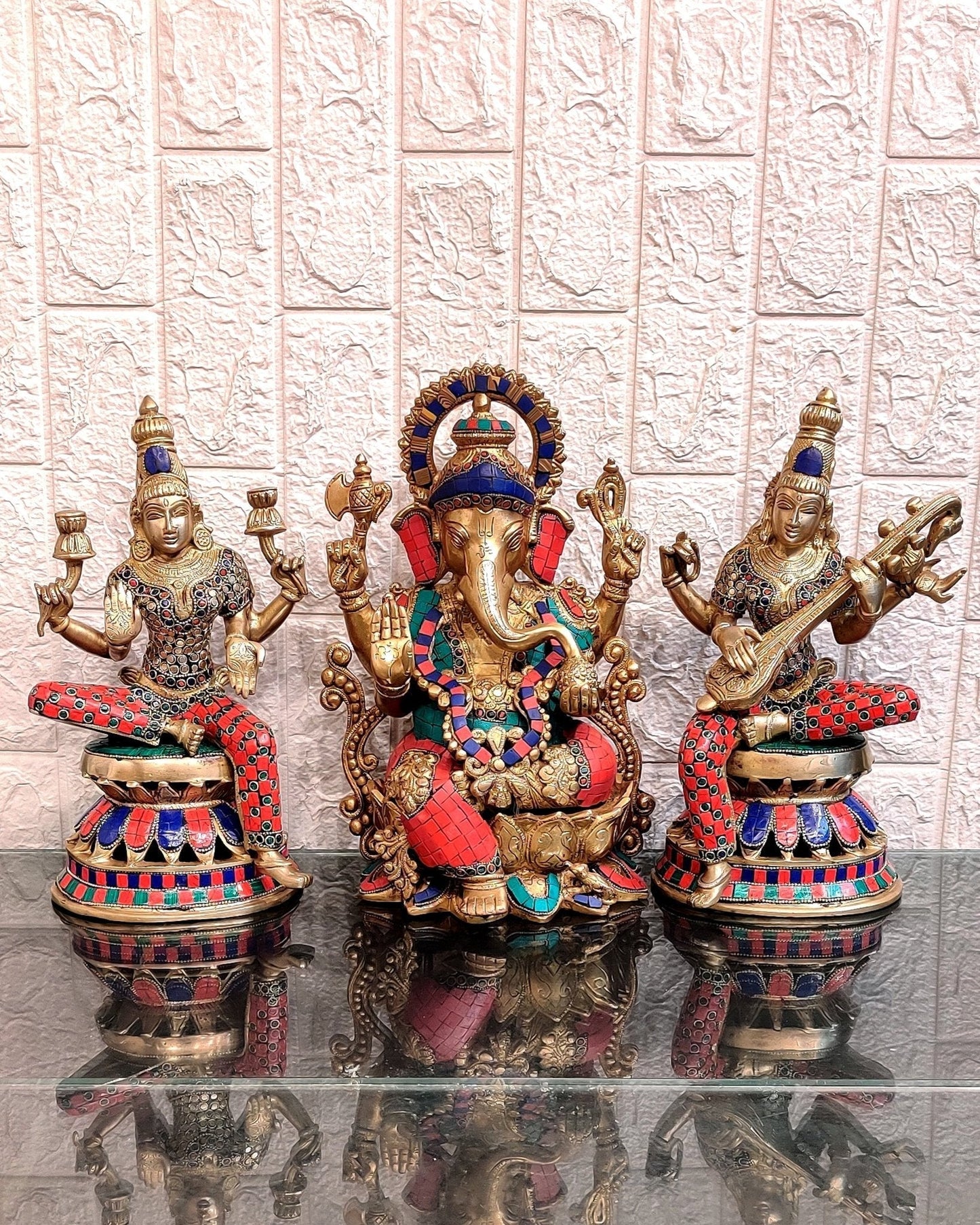 Pure Brass Ganesh, lakshmi Saraswati idols with meenakari 12 inch - Sama Homes Idol - Brass Sculpture