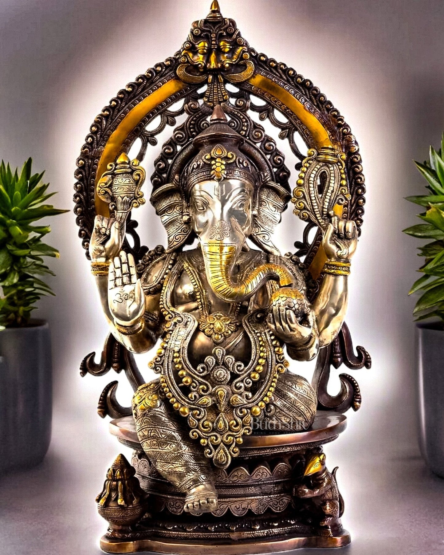 Pure Brass Ganesha Idol | Superfine Three Tone Finish 26" - Sama Homes Idol - Brass Sculpture