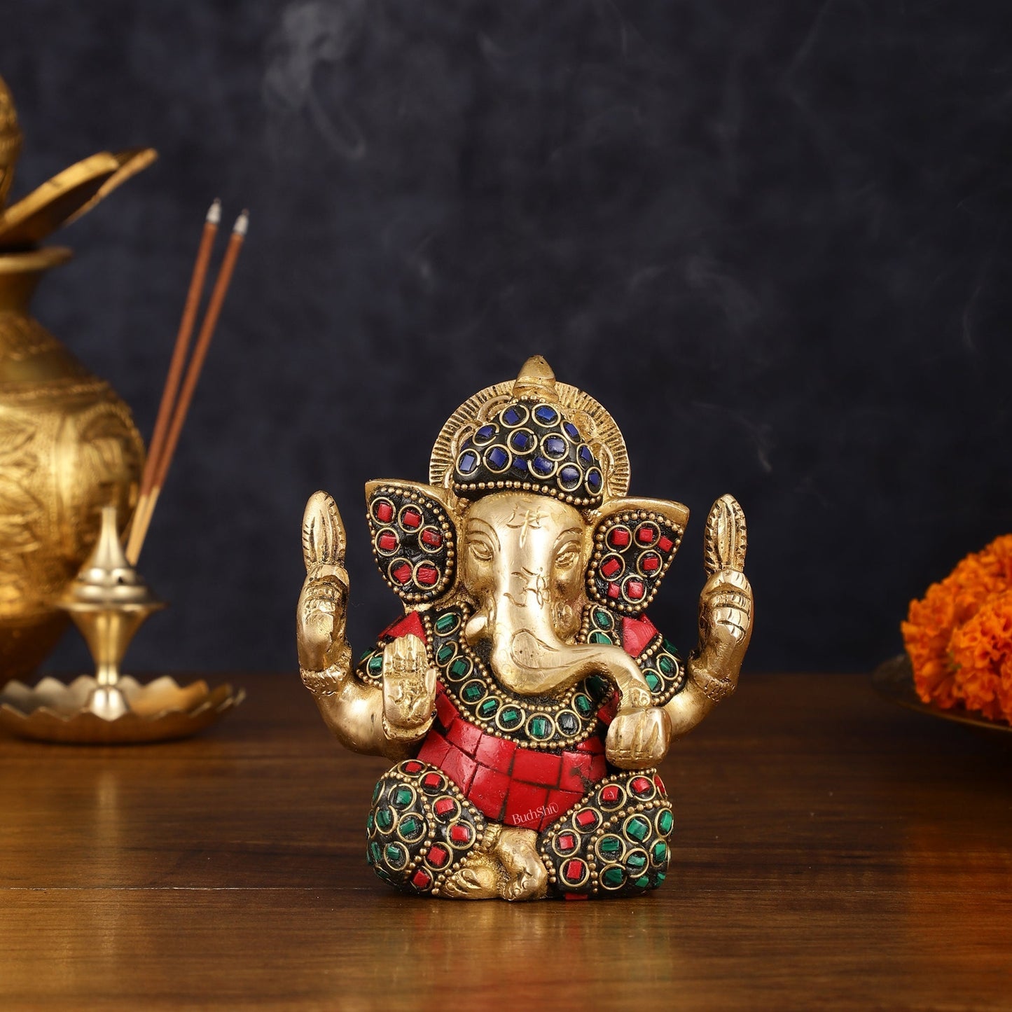 Pure Brass Ganesha Idol with Stonework - Perfect Desk Showpiece Gift 5" - Sama Homes Idol - Brass Sculpture