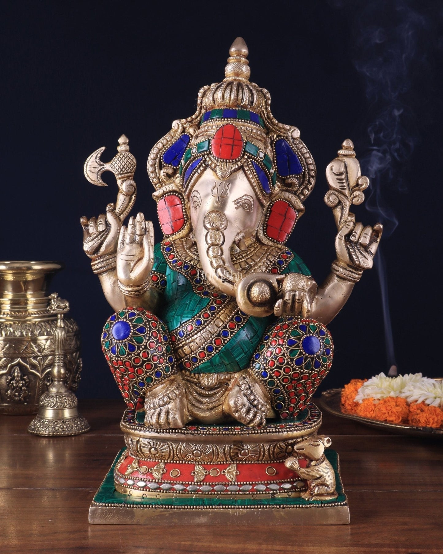 Pure Brass Ganesha Statue 12 inch with stonework - Sama Homes Idol - Brass Sculpture