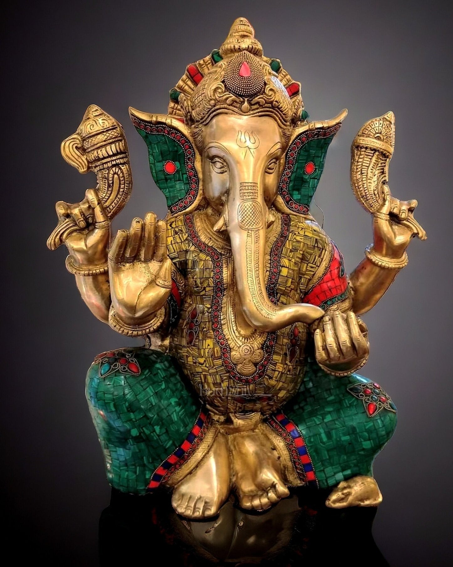 Pure Brass Ganesha Statue with Meenakari Stonework 20 inch - Sama Homes Idol - Brass Sculpture