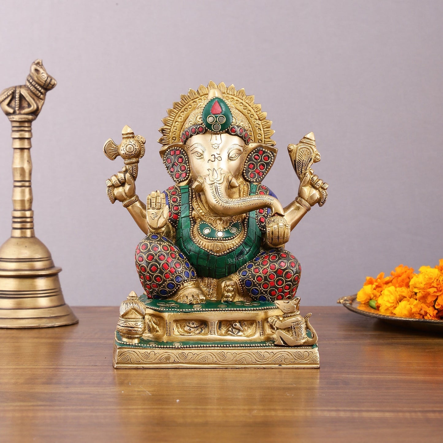 Pure Brass Ganesha Statue with Stonework - 8 Inch - Sama Homes Idol - Brass Sculpture