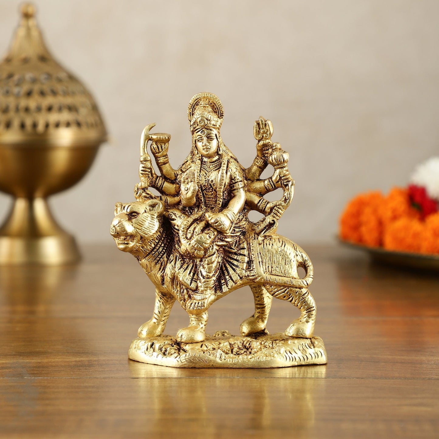 Pure Brass Goddess Durga Sitting on Tiger Idol - 6 Inch - Sama Homes Idol - Brass Sculpture