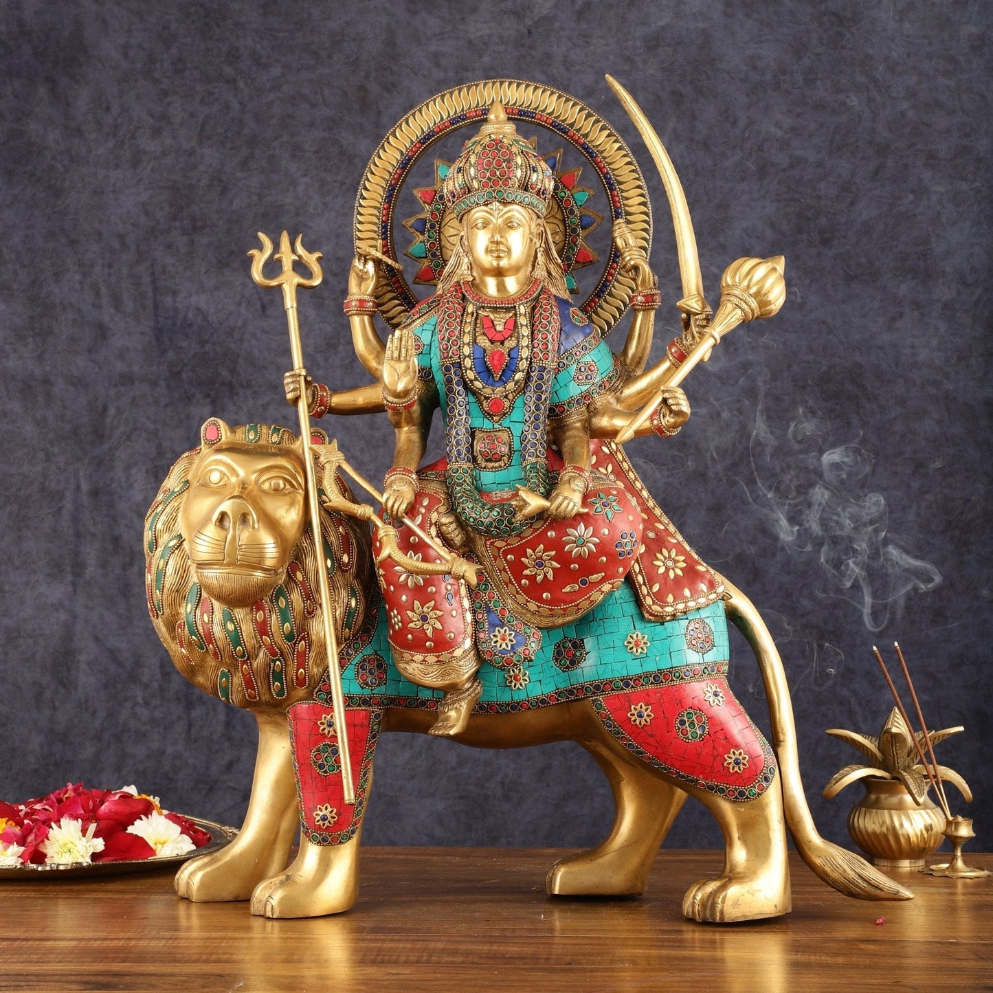 Pure Brass Goddess Durga Statue with Meenakari Work - 22 Inch - Sama Homes Idol - Brass Sculpture