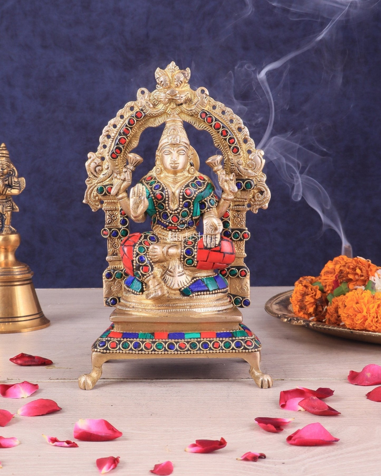 Pure Brass Goddess Lakshmi Idol | Meenakari Stonework 8" - Sama Homes Idol - Brass Sculpture
