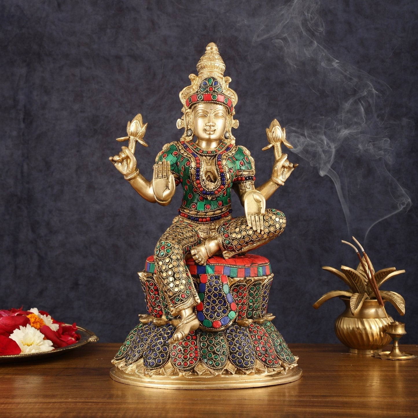 Pure Brass Goddess Lakshmi Statue - 14.5" - Sama Homes Idol - Brass Sculpture