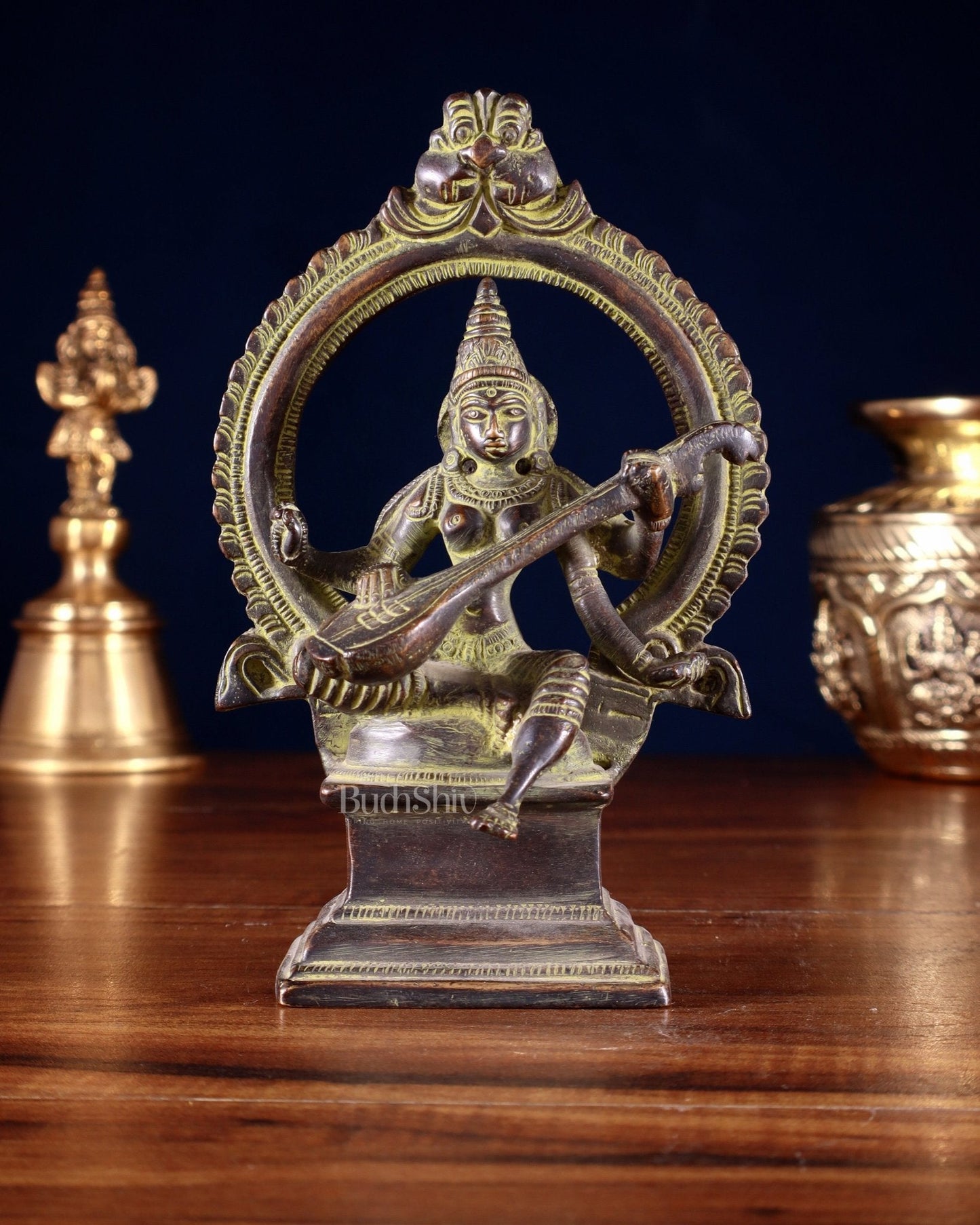 Pure Brass Goddess Saraswati Idol with Prabhavali – Green Tone 6" - Sama Homes Idol - Brass Sculpture