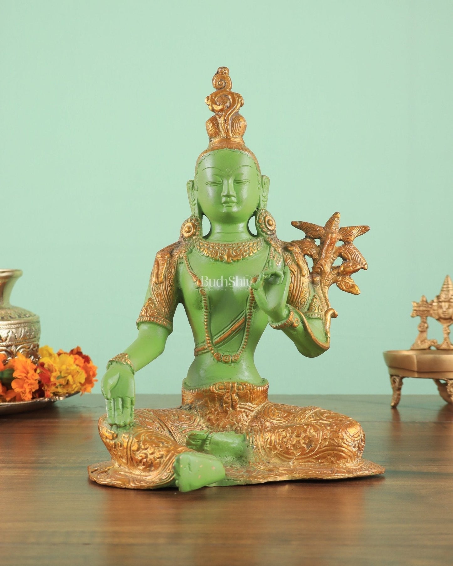Pure Brass Green Tara Statue with Antique Sand Finish Henna Touch 10.5" - Sama Homes Idol - Brass Sculpture