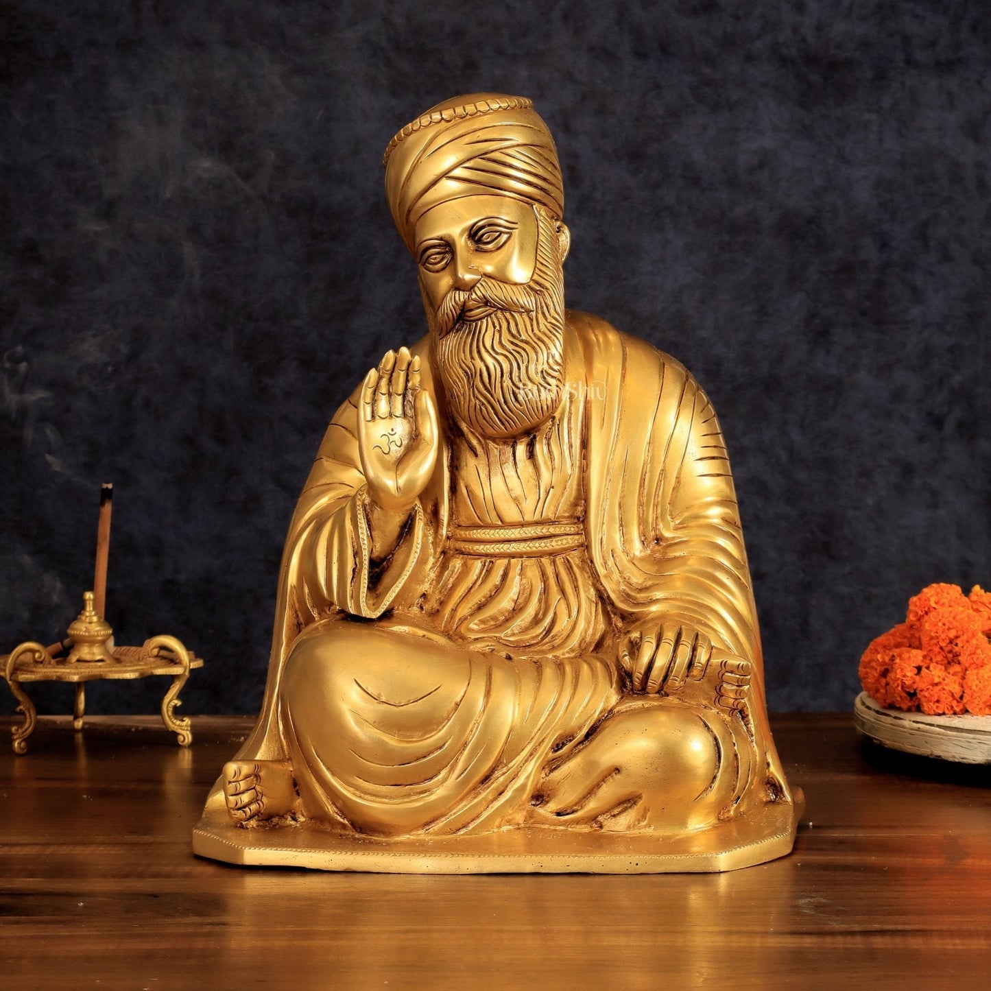 Pure Brass Guru Nanak Dev Ji Intricate Statue – Handcrafted, 13.5" - Sama Homes Idol - Brass Sculpture