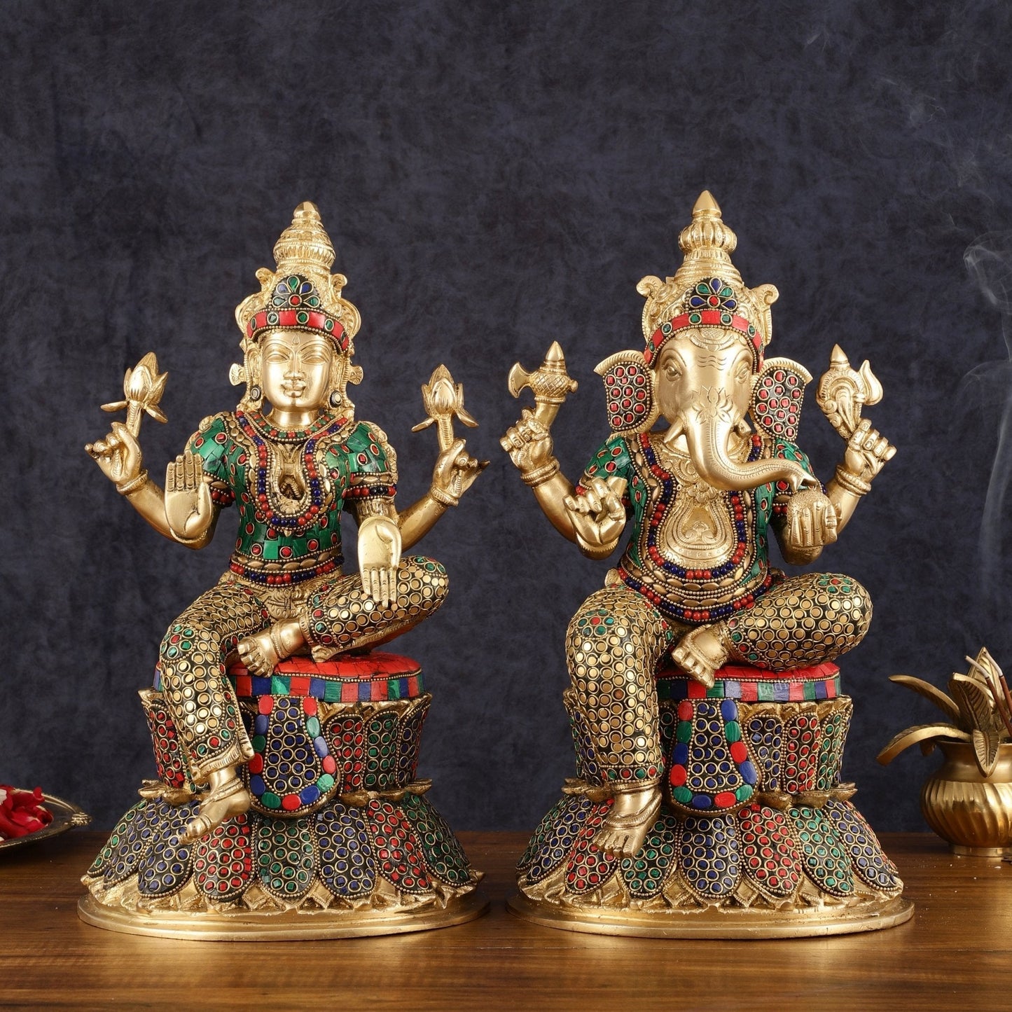Pure Brass Handcrafted Ganesha and Lakshmi Idols - 15" | Symbol of Purity - Sama Homes Idol - Brass Sculpture