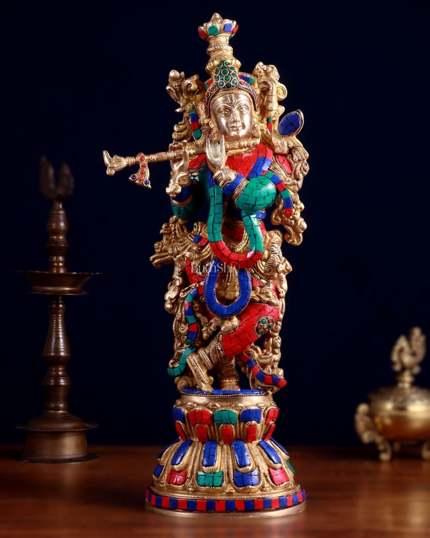 Pure Brass Handcrafted Krishna Statue with Stonework, 21" Height - Sama Homes Idol - Brass Sculpture