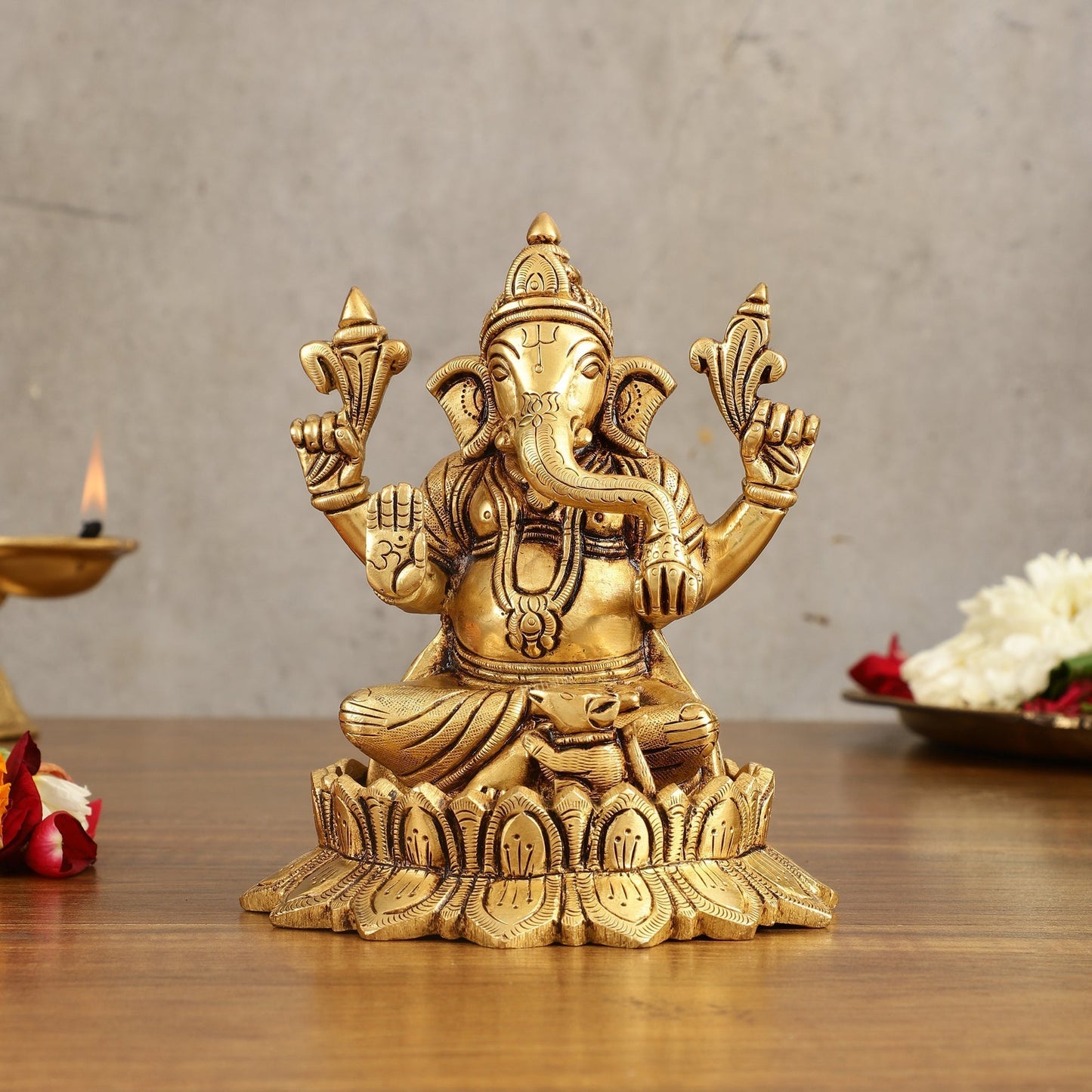 Pure Brass Handcrafted Lord Ganesha on Lotus Idol - 6 in Height - Sama Homes Idol - Brass Sculpture