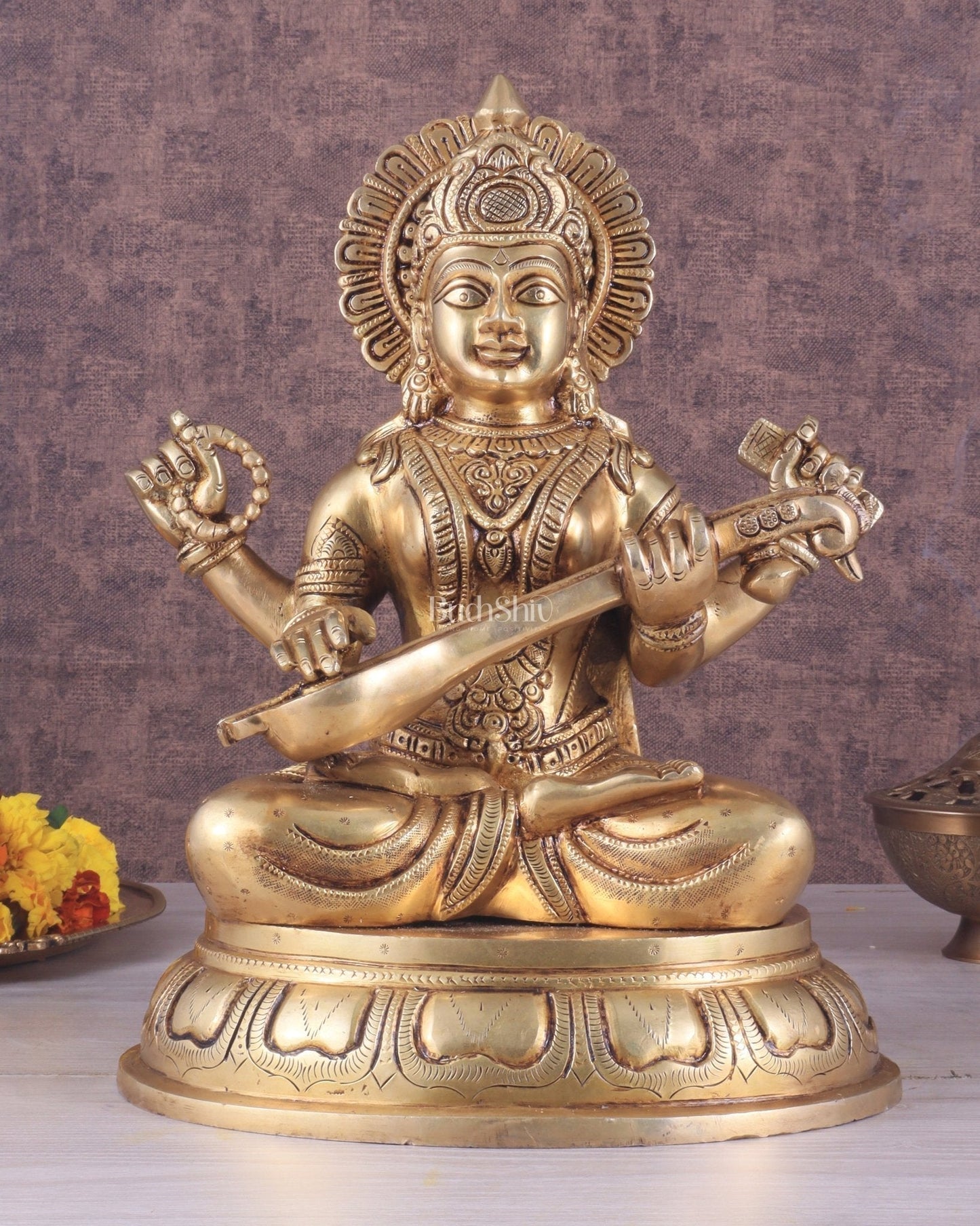 Pure Brass Handcrafted saraswati idol 13.5" - Sama Homes Idol - Brass Sculpture