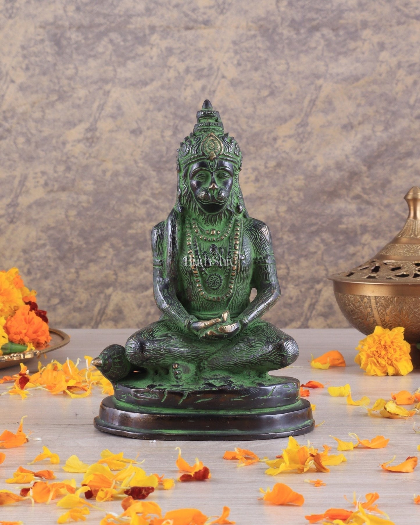 Pure Brass Hanuman Statue | black and green 7 inch - Sama Homes Idol - Brass Sculpture