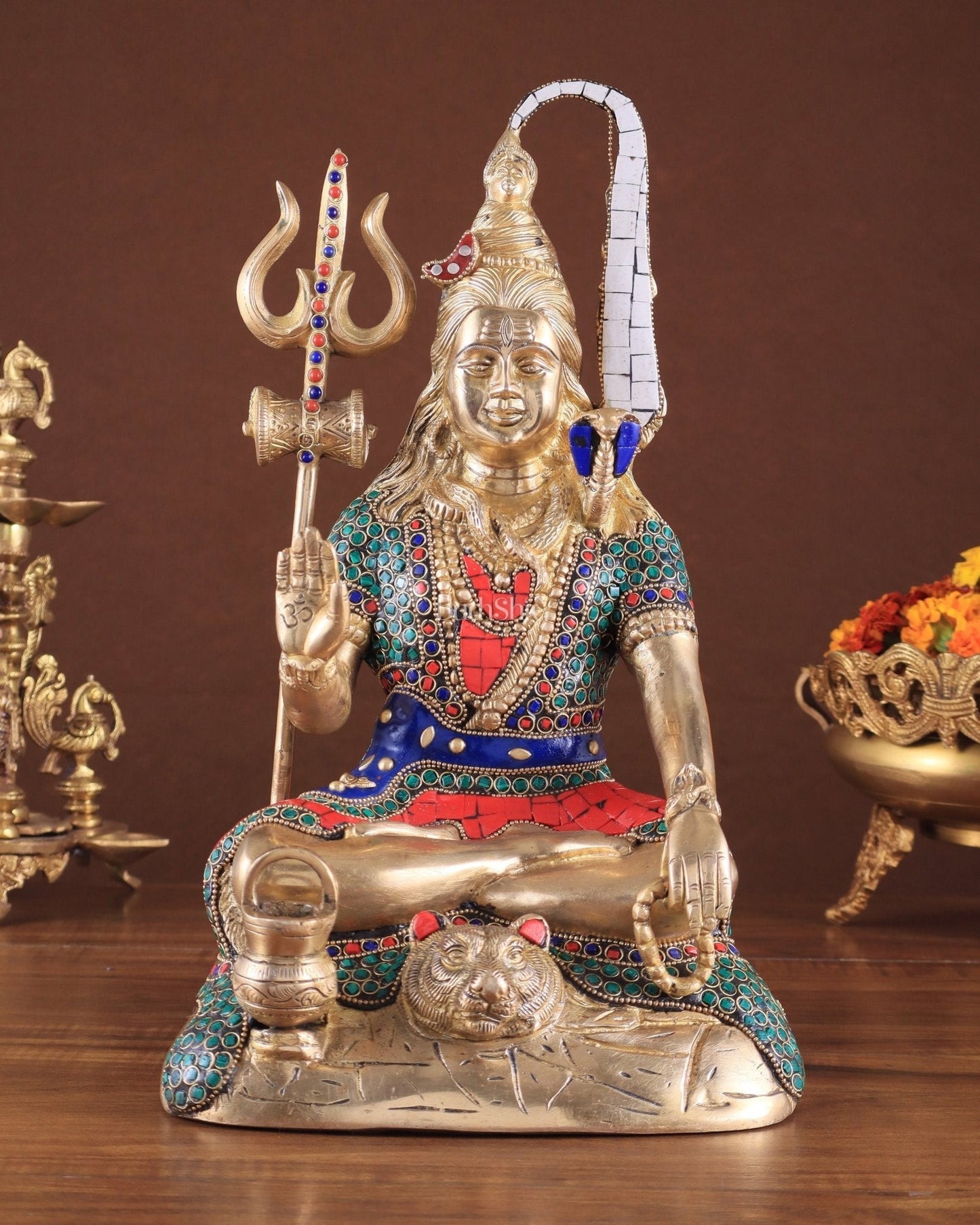 Pure Brass Highly Detailed Lord Shiva Statue | 14 Inch meenakari Stonework - Sama Homes Idol - Brass Sculpture