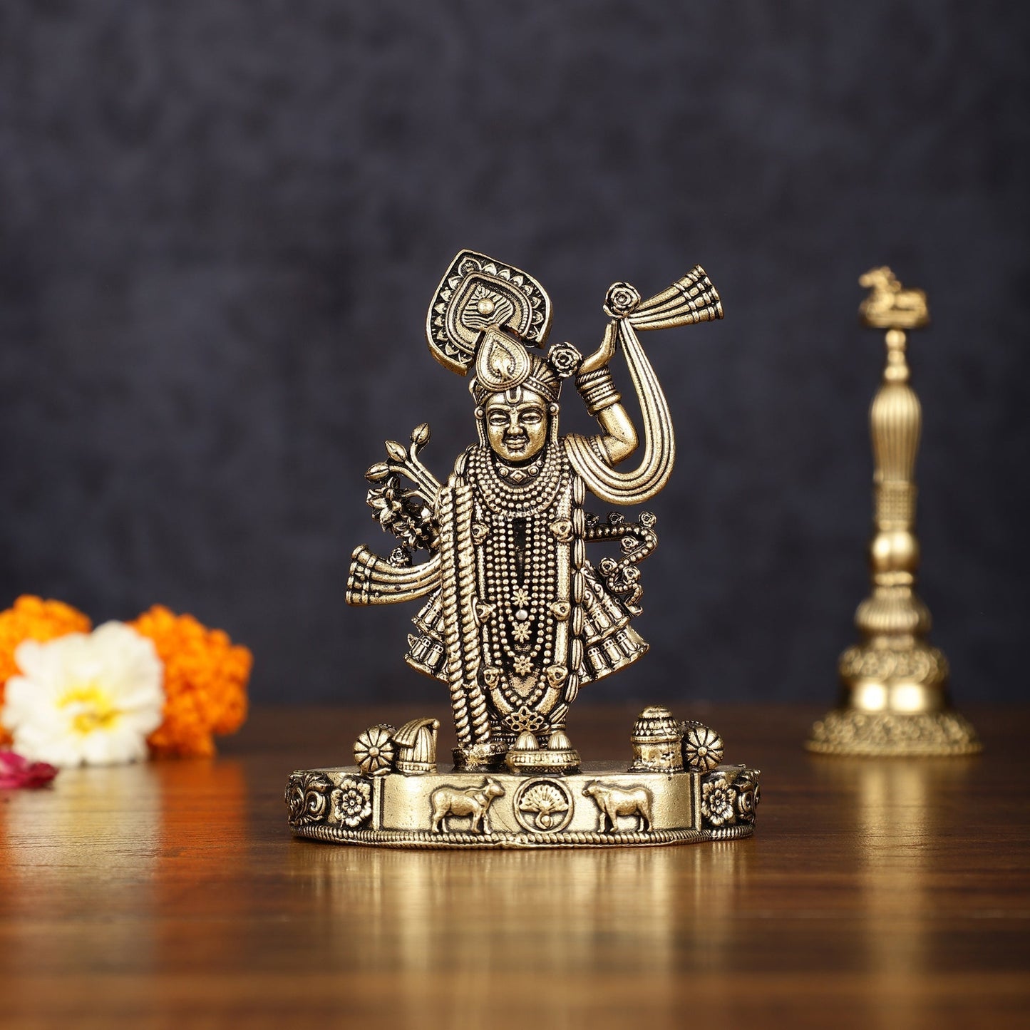 Pure Brass Intricately Carved Shreenath Ji Idol 4" - Sama Homes Idol - Brass Sculpture