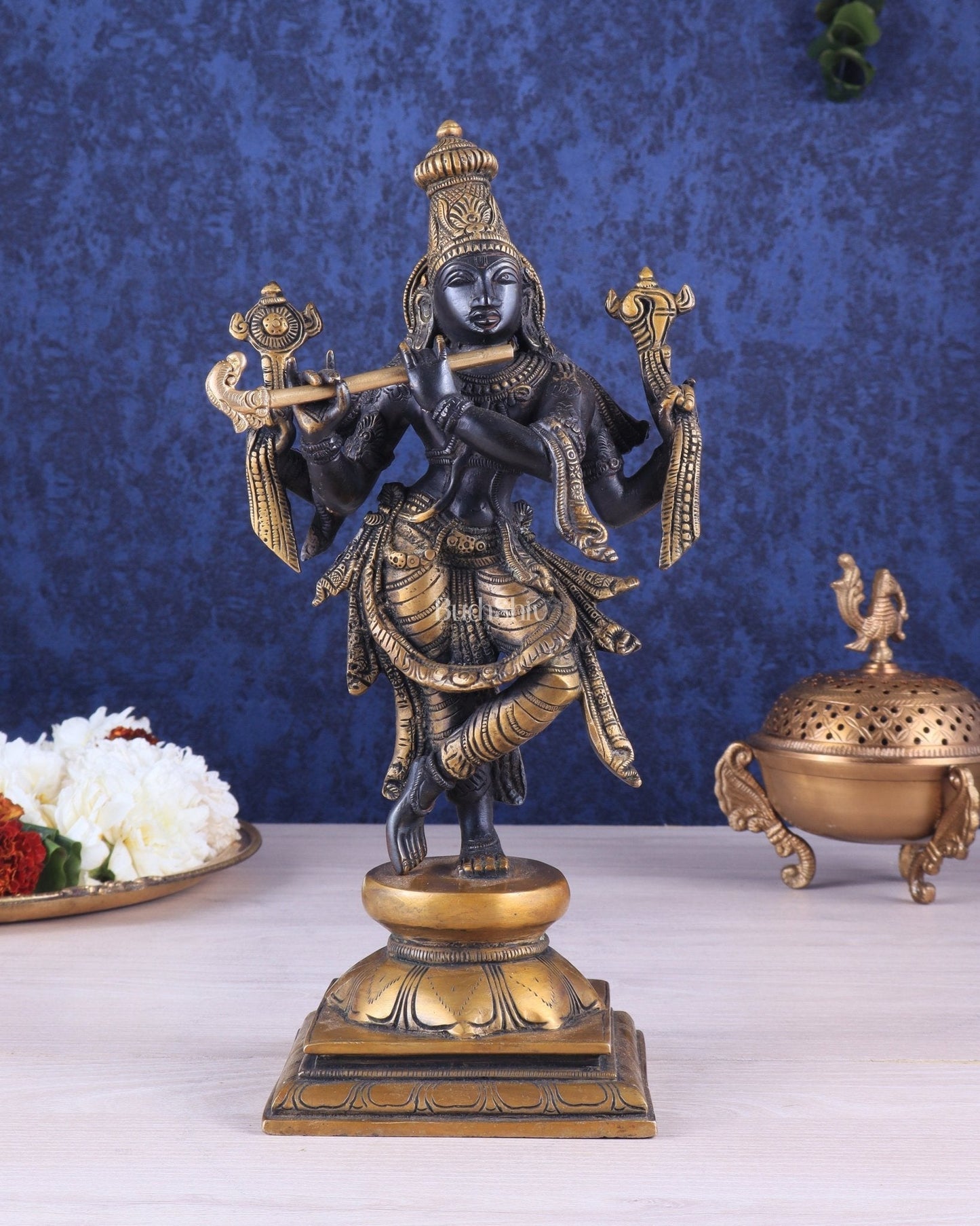 Pure Brass Krishna Roopam Vishnu Sculpture - black and gold Finish | 12" - Sama Homes Idol - Brass Sculpture