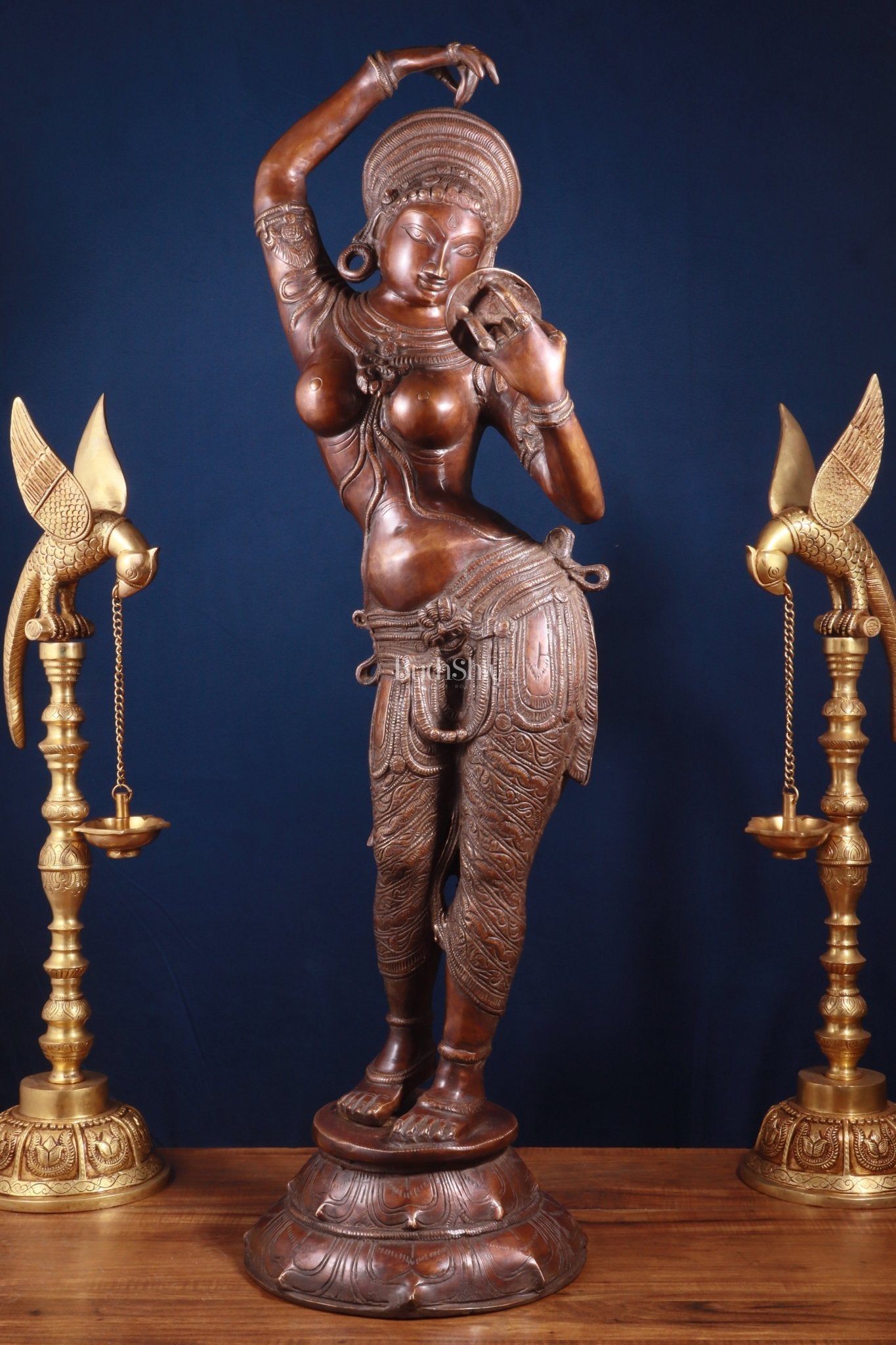 Pure Brass Lady Holding Mirror Sculpture – Chola Style, 38 Inch - Sama Homes Idol - Brass Sculpture