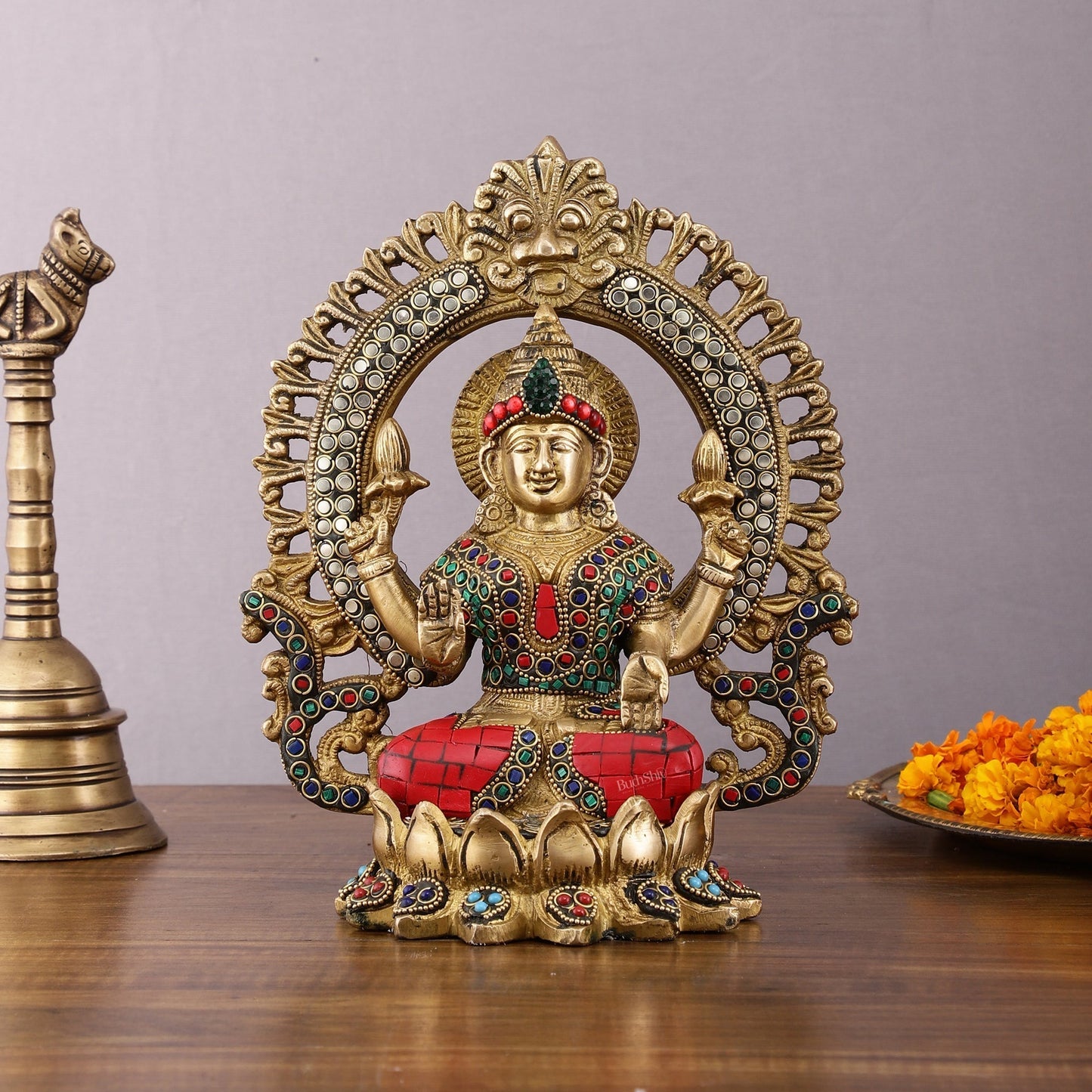 Pure Brass Lakshmi Idol with Meenakari Stonework 9.5" - Sama Homes Idol - Brass Sculpture