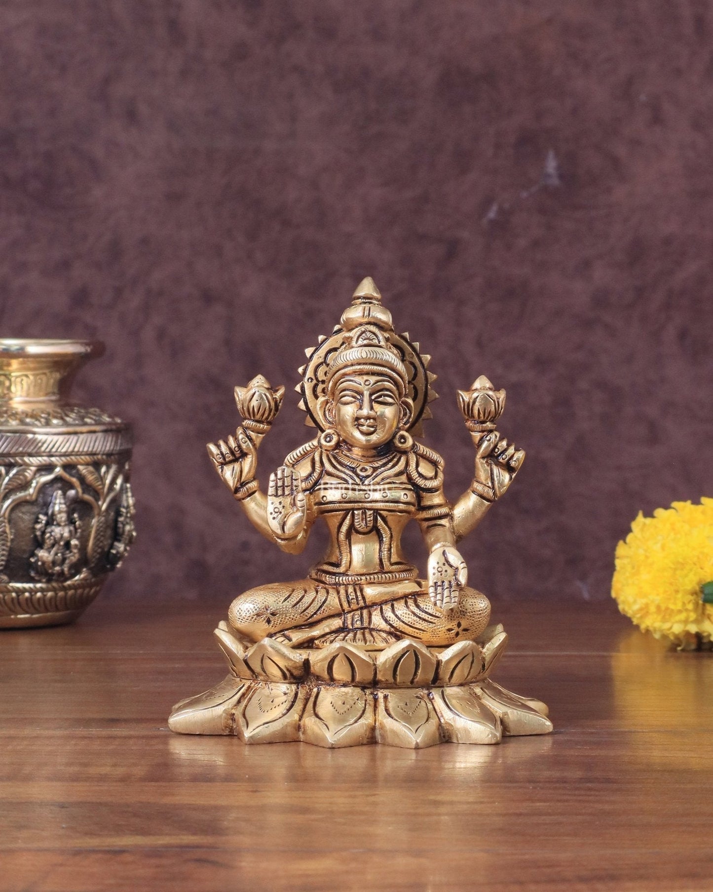 Pure Brass lakshmi in Lotus Base Idol - 5.5" - Sama Homes Idol - Brass Sculpture