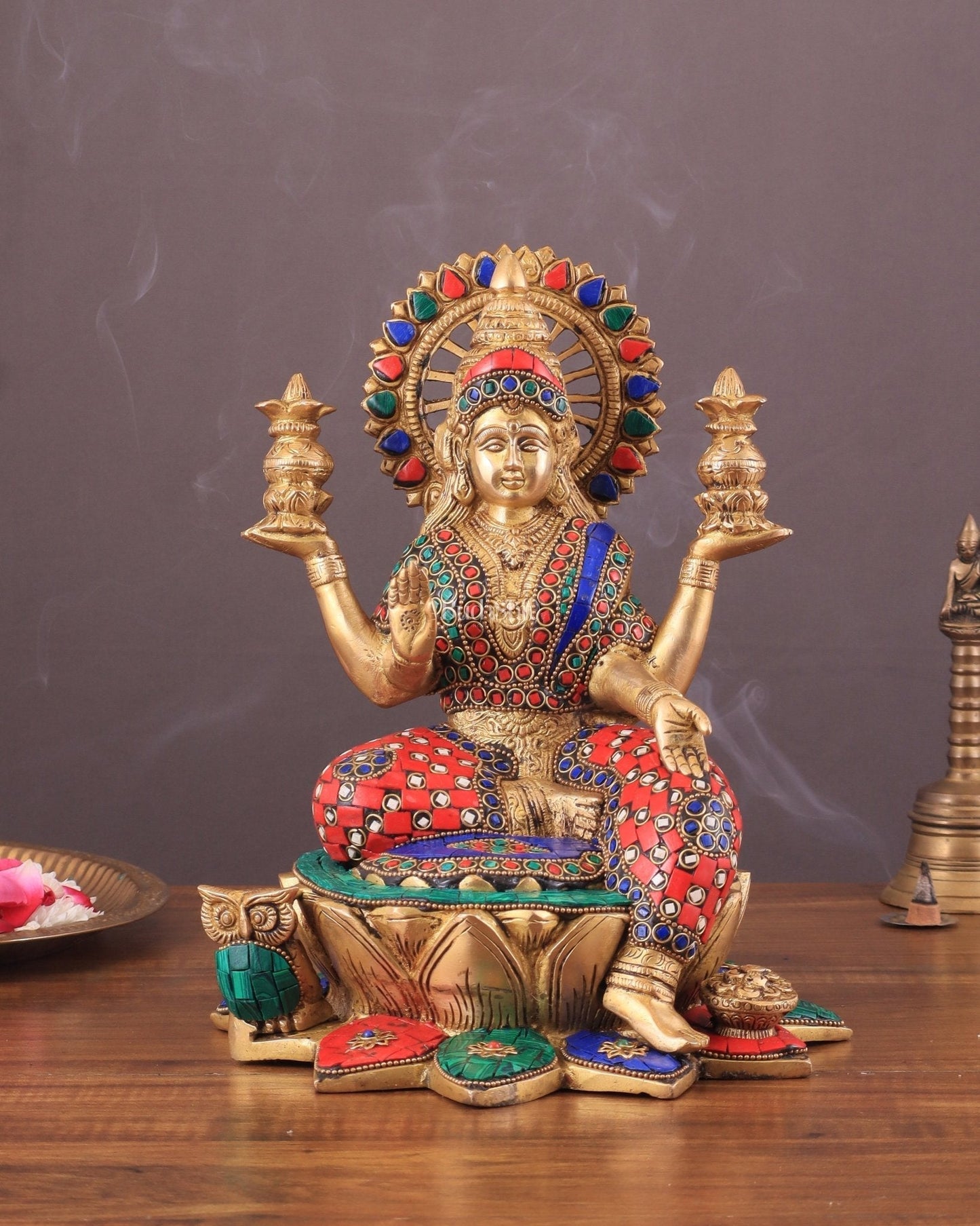 Pure Brass Lakshmi with Owl Idol Seated on Lotus | 11 Inch meenakari - Sama Homes Idol - Brass Sculpture
