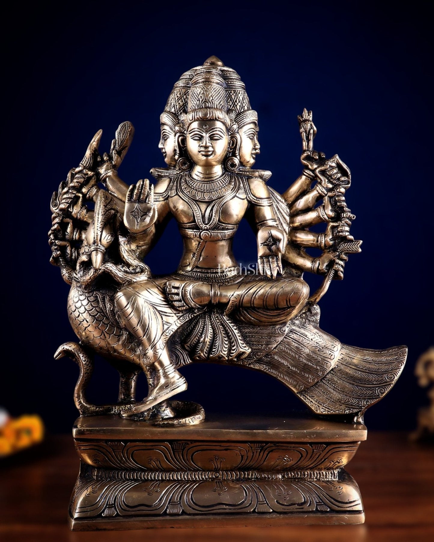 Pure Brass Large Aarumugam Murugan Sitting on a Peacock – Kartikeya Swamy Idol 16" - Sama Homes Idol - Brass Sculpture