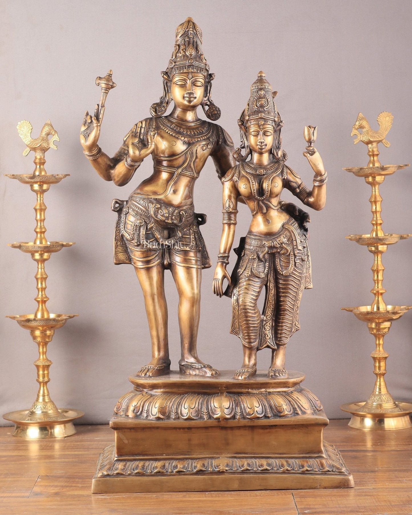 Pure Brass Large Lord Shiva and Parvati Standing Together Statue – 36 Inches - Sama Homes Idol - Brass Sculpture
