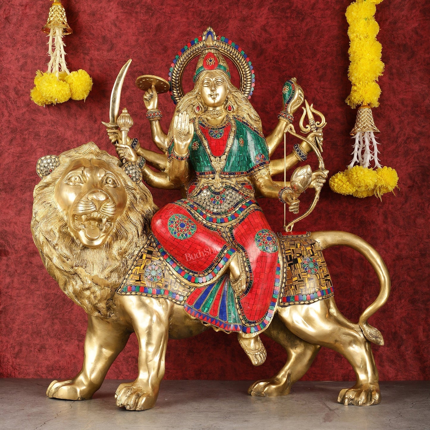 Pure Brass Large-Sized Goddess Durga Sherawali Mata Murti - 27 inch - Sama Homes Idol - Brass Sculpture