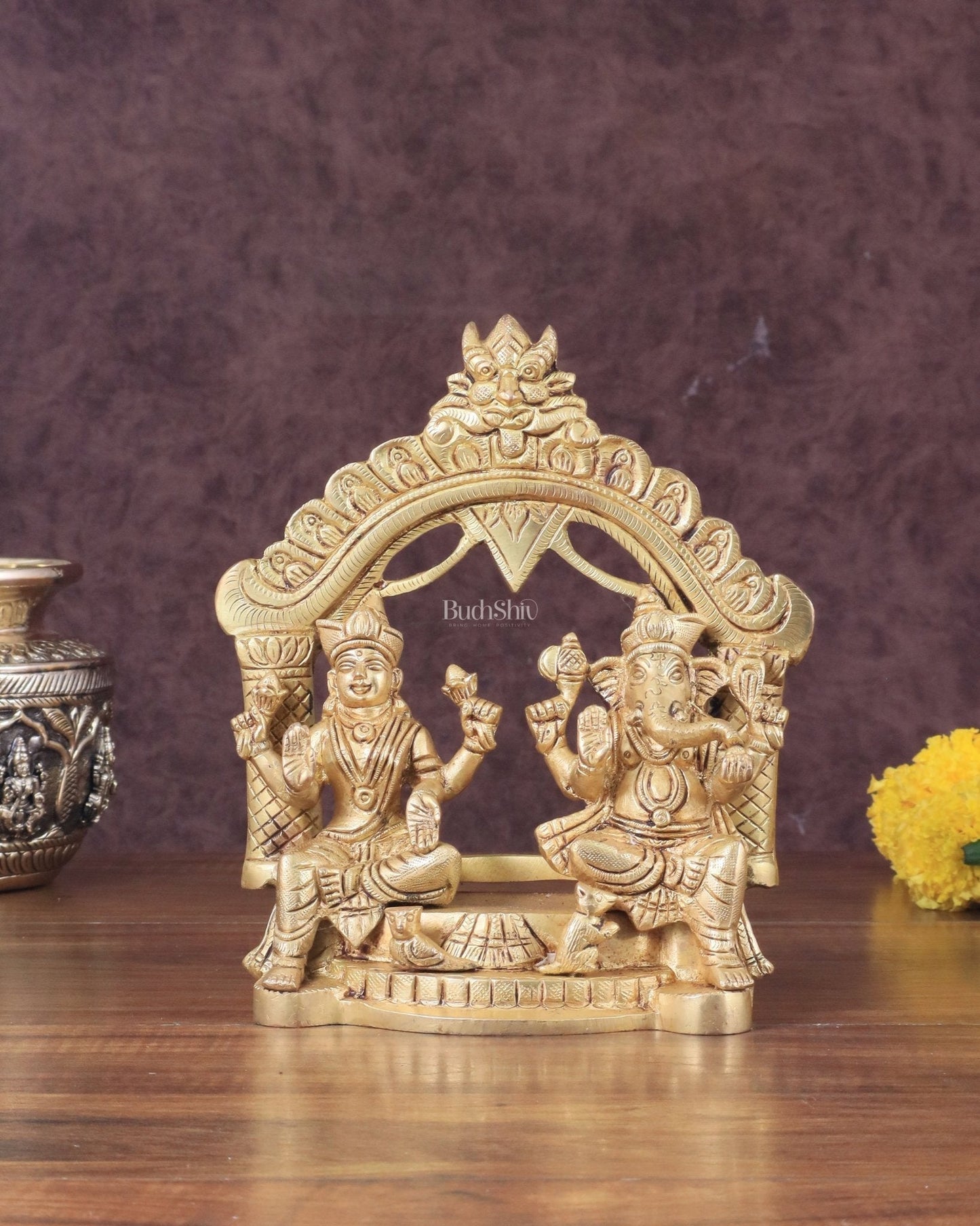 Pure Brass Lord Ganesha and Lakshmi Seated Together Statue - 7" - Sama Homes Idol - Brass Sculpture