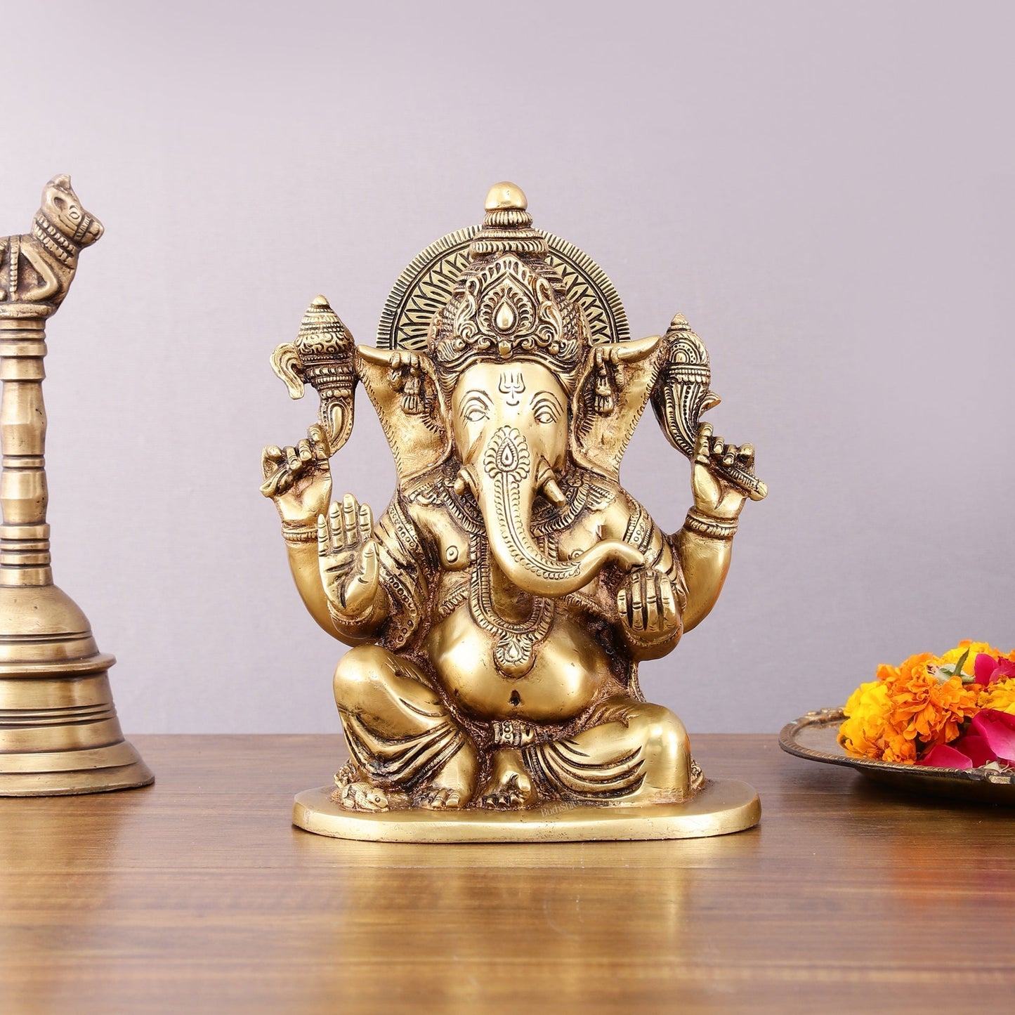 Pure Brass Lord Ganesha Idol – 8" - Sama Homes Idol - Brass Sculpture